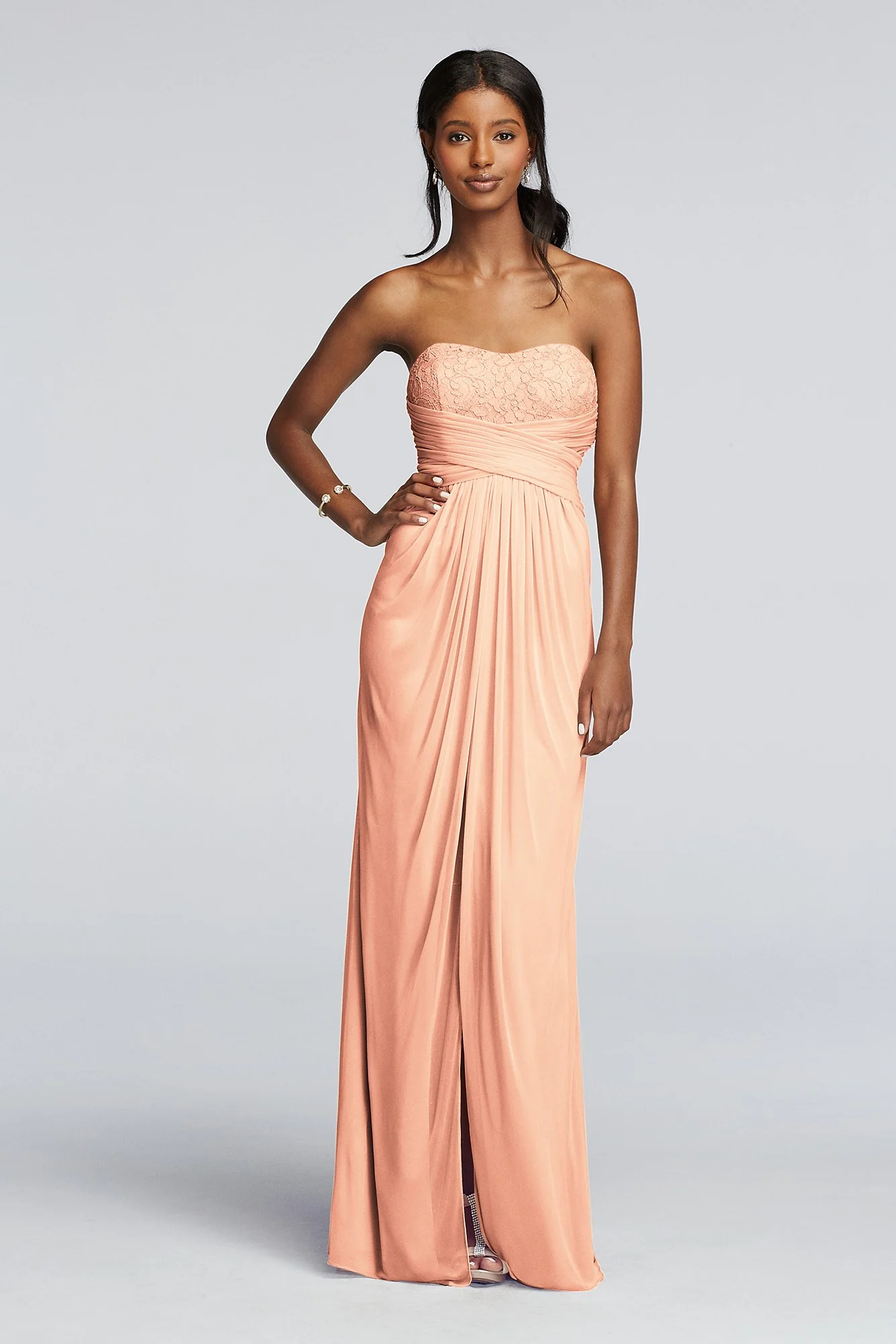Strapless Mesh and Lace Dress with Pleated Waist - Image 64