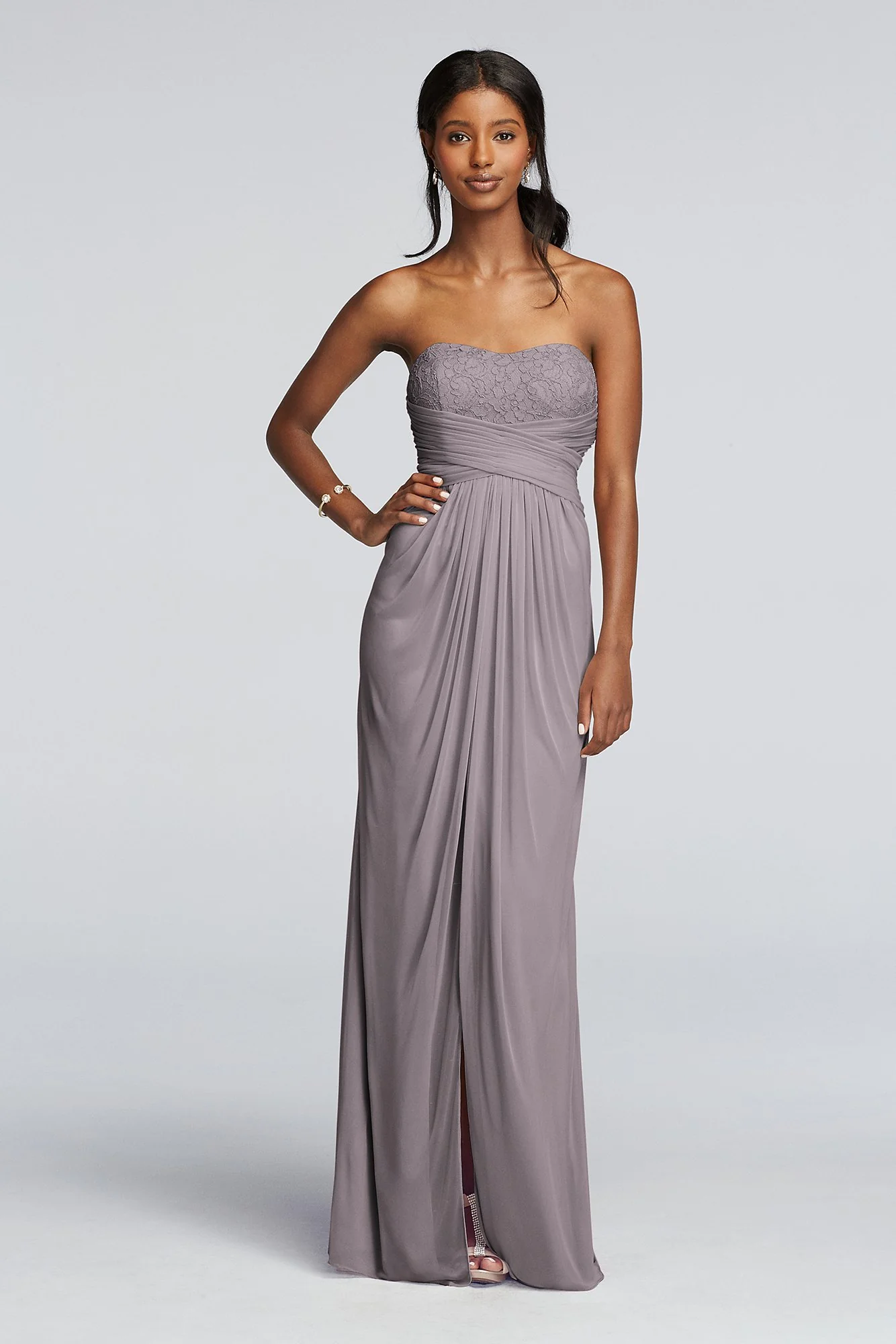 Strapless Mesh and Lace Dress with Pleated Waist - Image 66