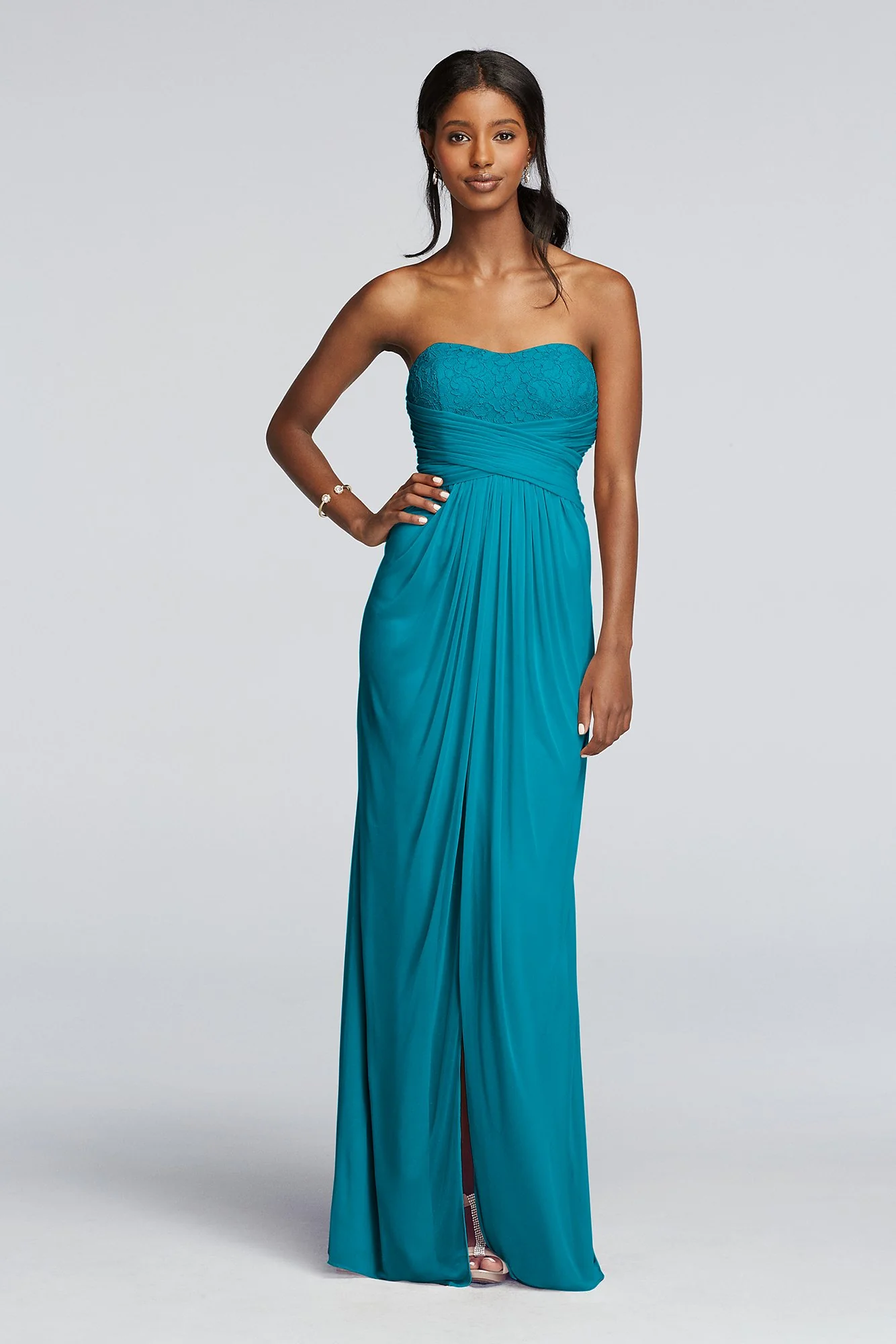 Strapless Mesh and Lace Dress with Pleated Waist - Image 67