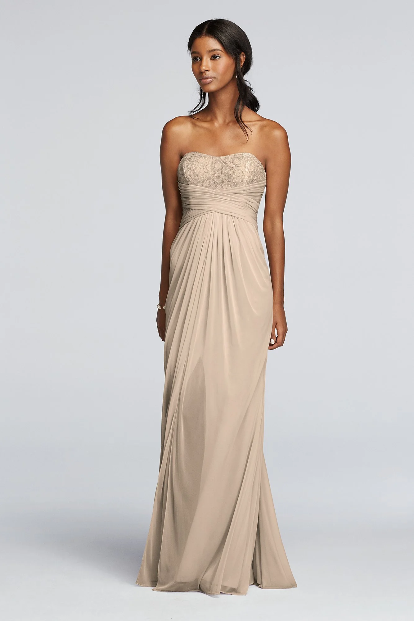 Strapless Mesh and Lace Dress with Pleated Waist - Image 9