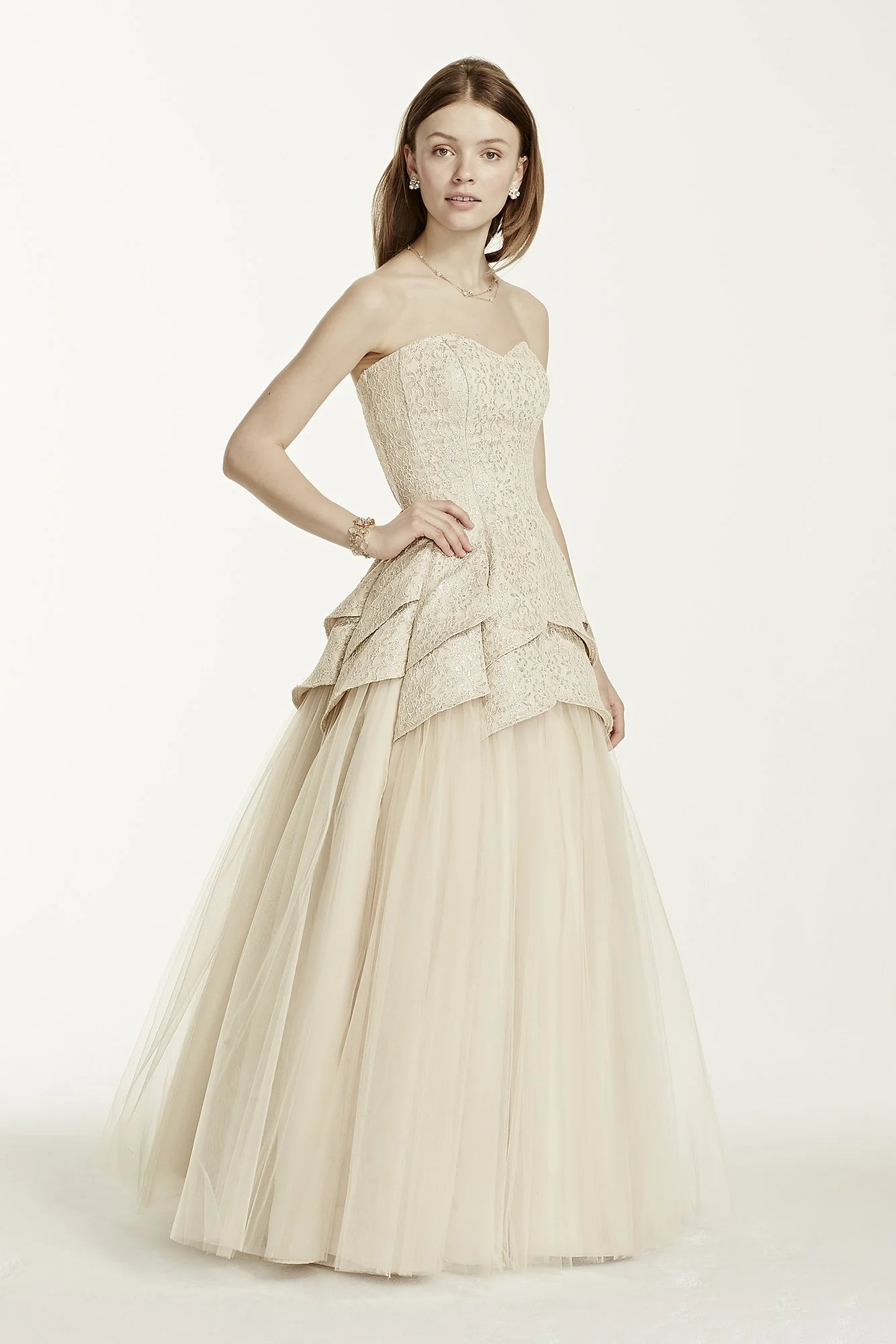 Strapless Metallic Lace Tulip Tulle Prom Dress - Image 2