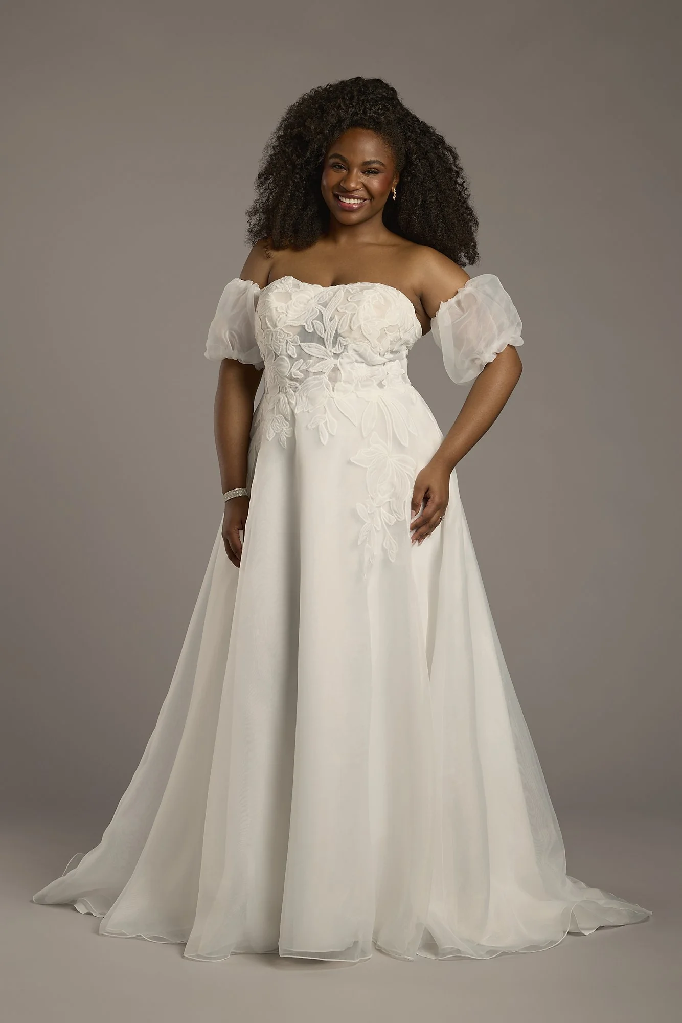 Strapless Puff Sleeve Organza A-Line Wedding Dress