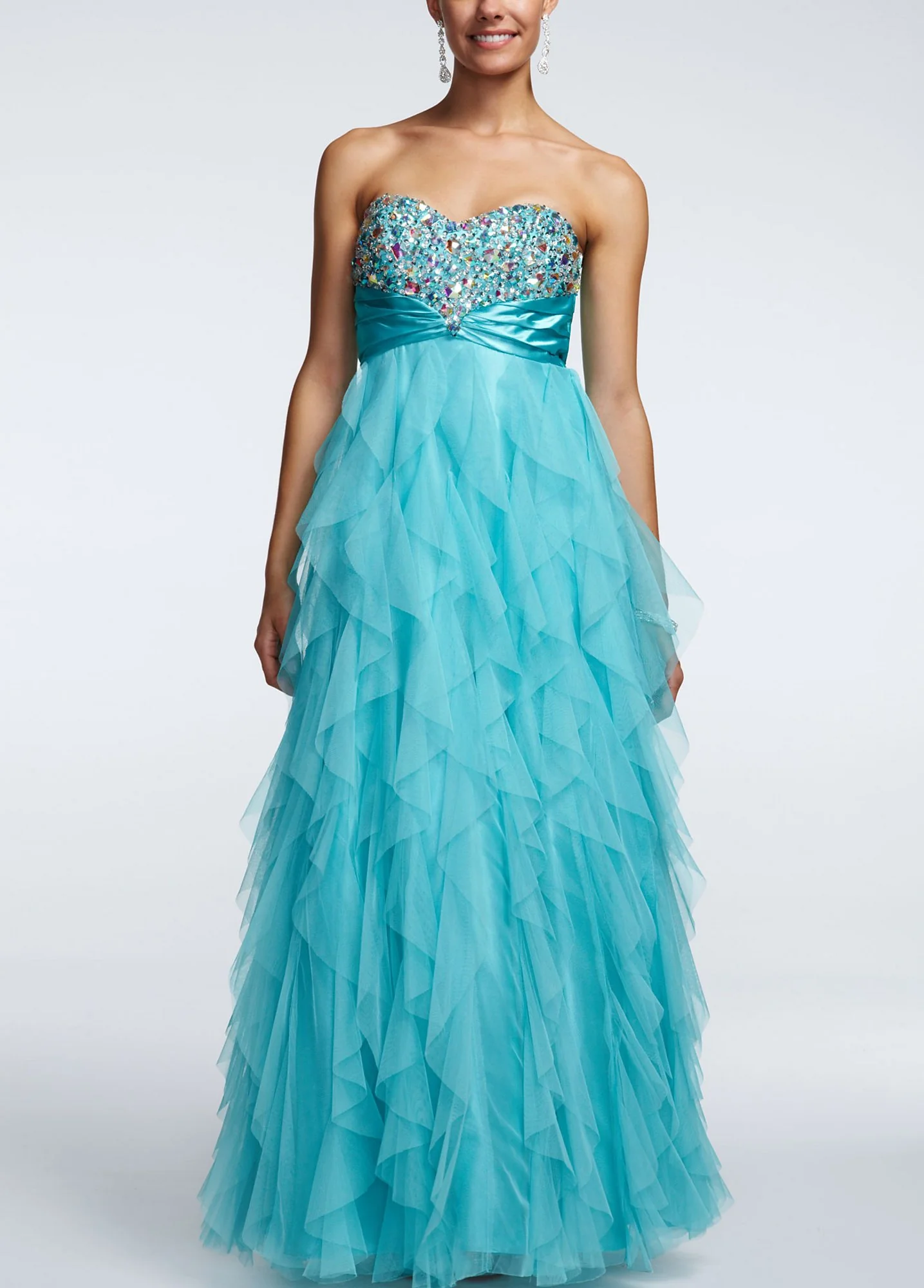 Strapless Ruffled Gown with Embellished Bust