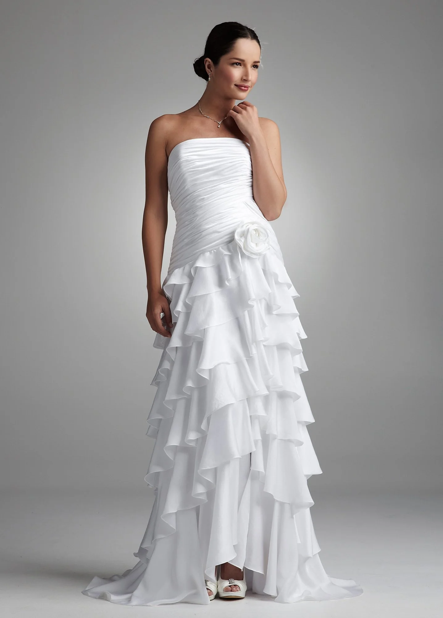 Strapless Satin and Chiffon Gown with Tiered Skirt