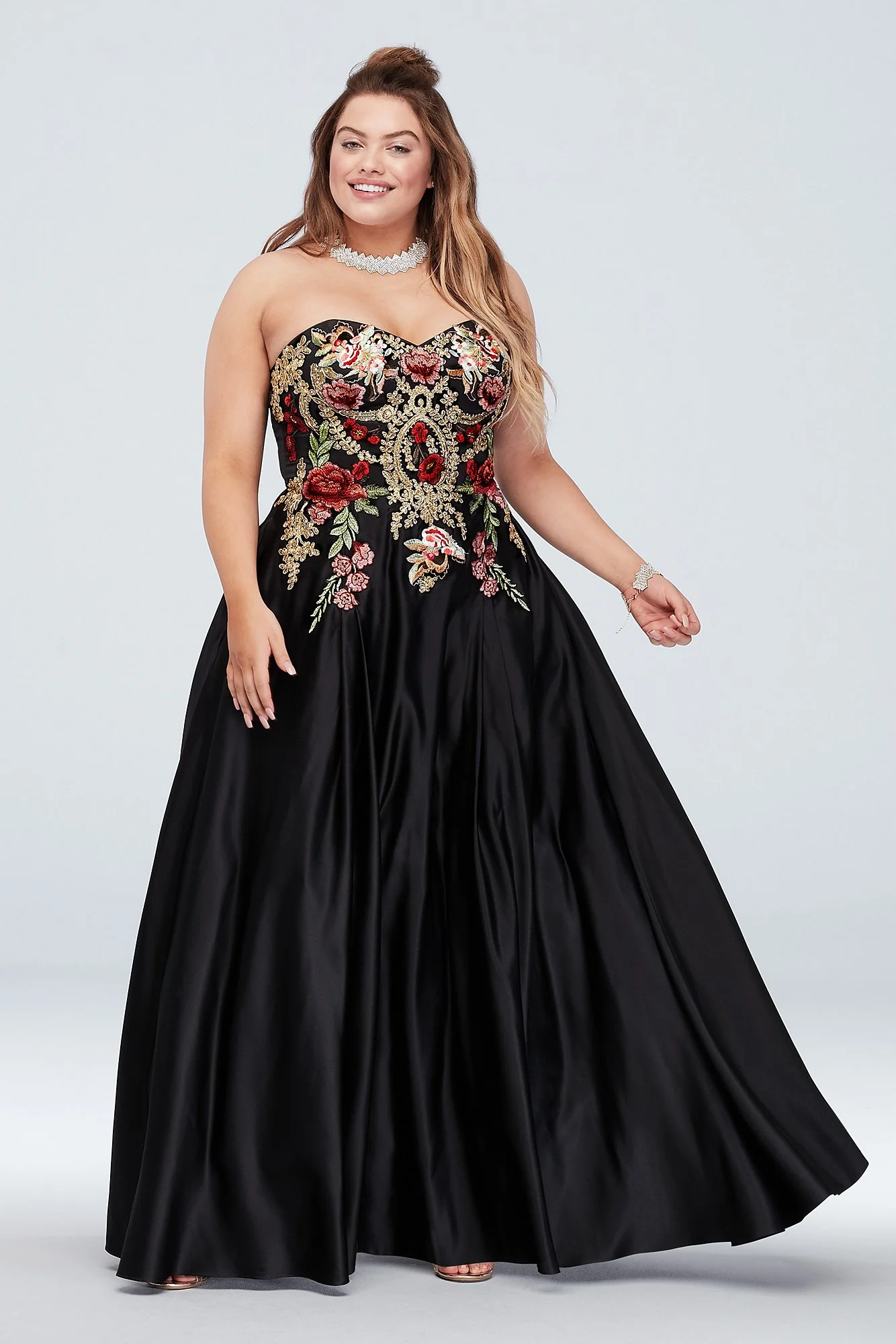 Strapless Satin Floral Embroidered Ball Gown - Image 3