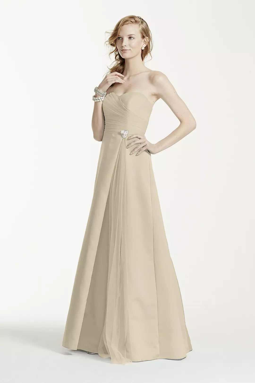 Strapless Satin Long Dress with Side Brooch