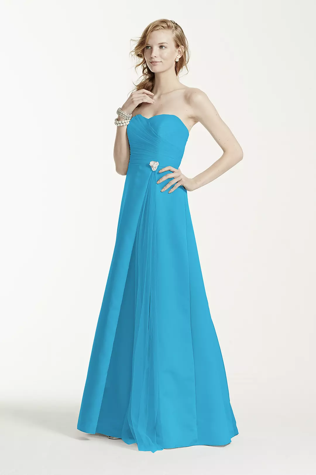 Strapless Satin Long Dress with Side Brooch - Image 11