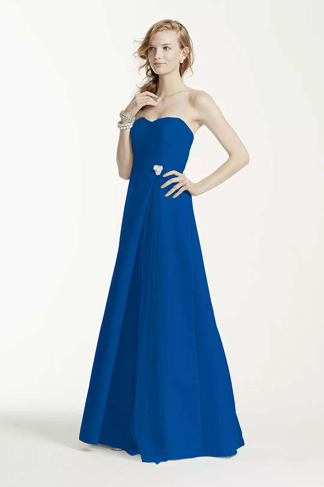 Strapless Satin Long Dress with Side Brooch - Image 15