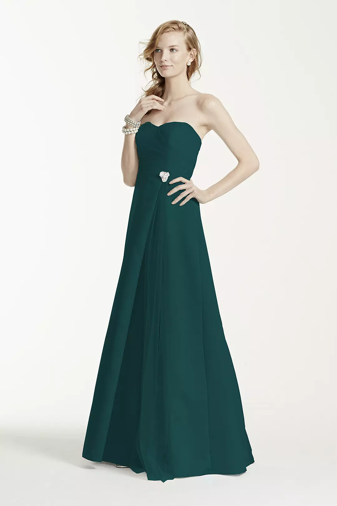 Strapless Satin Long Dress with Side Brooch - Image 18