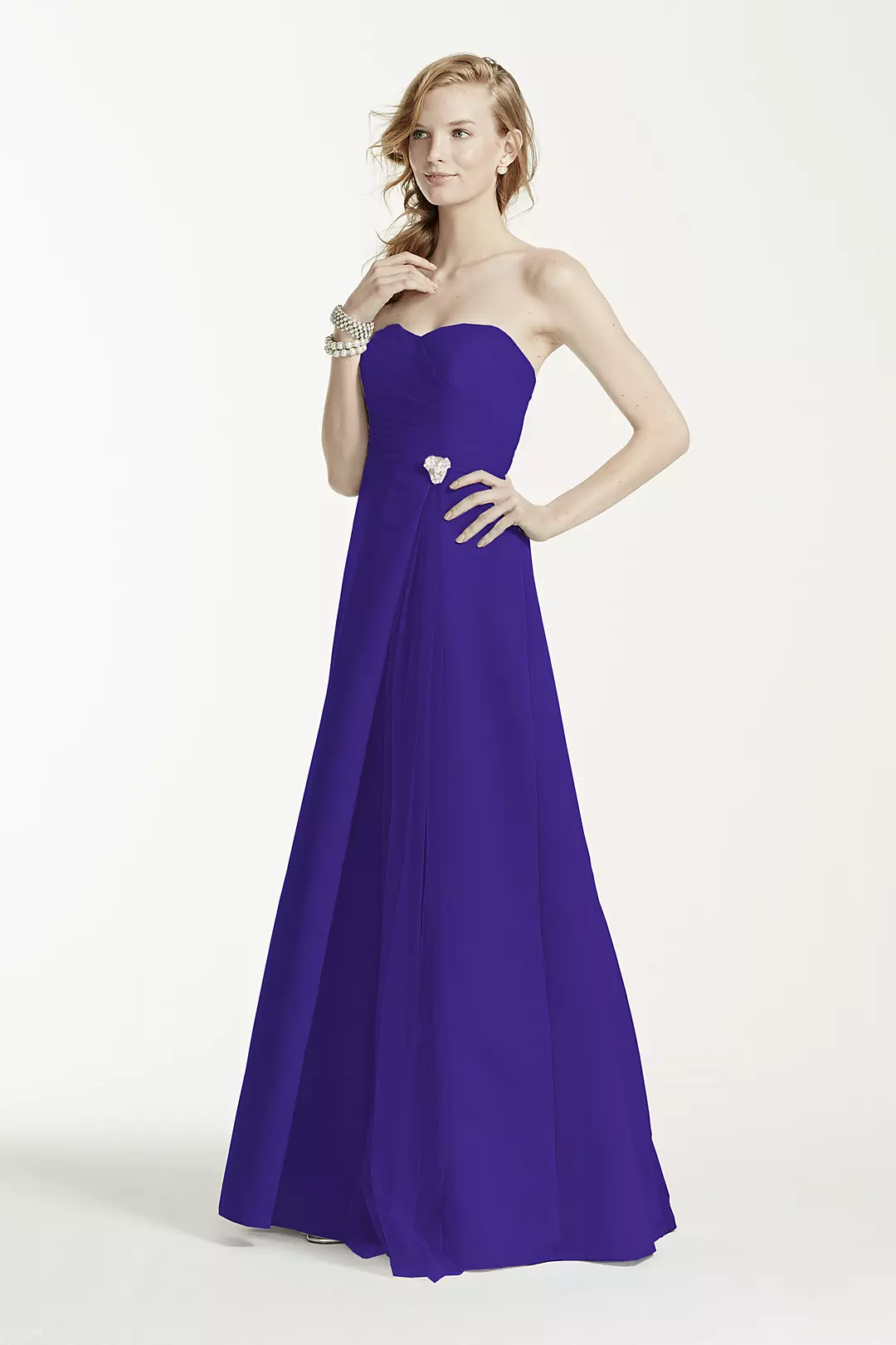 Strapless Satin Long Dress with Side Brooch - Image 2