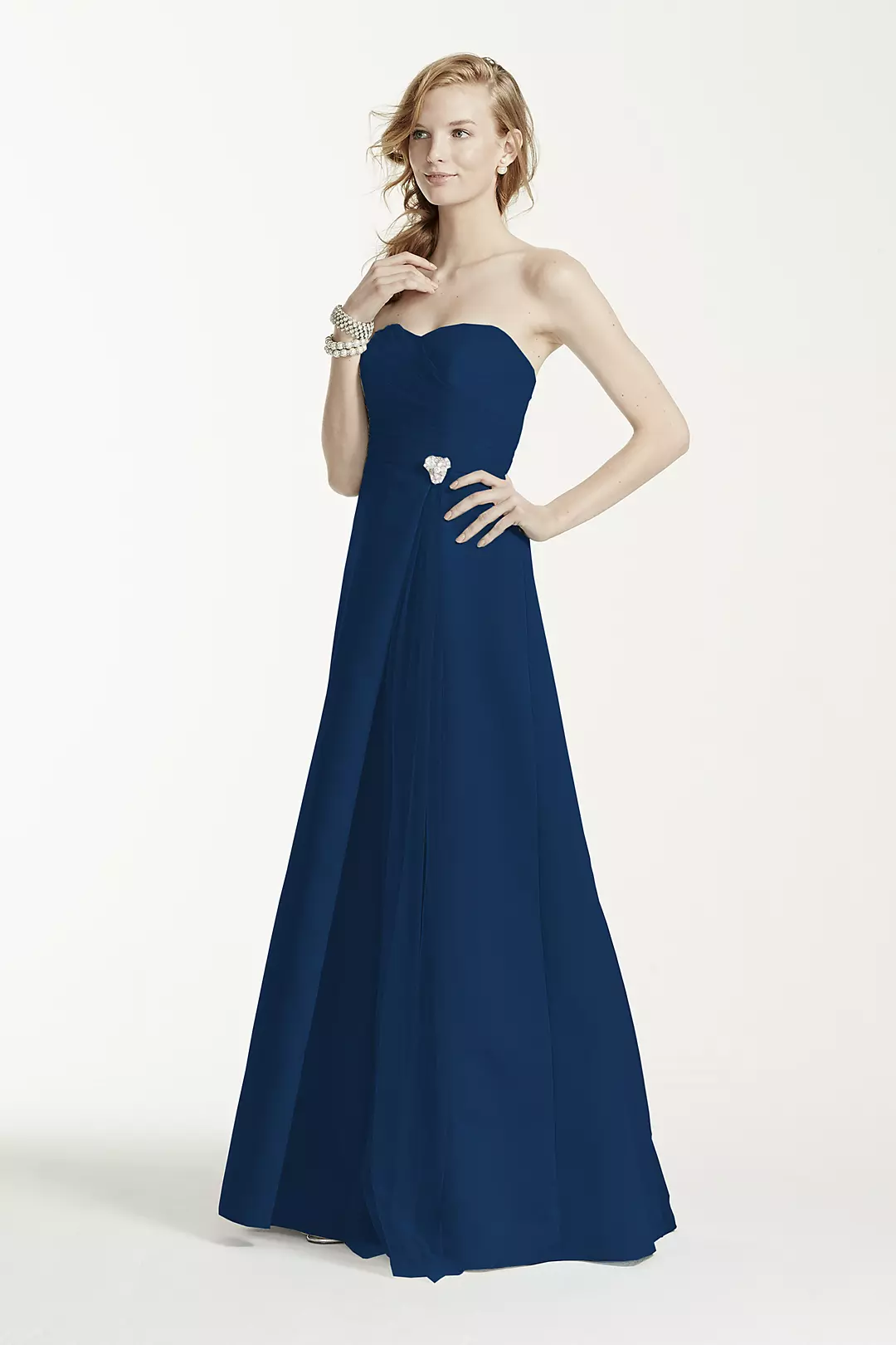 Strapless Satin Long Dress with Side Brooch - Image 22