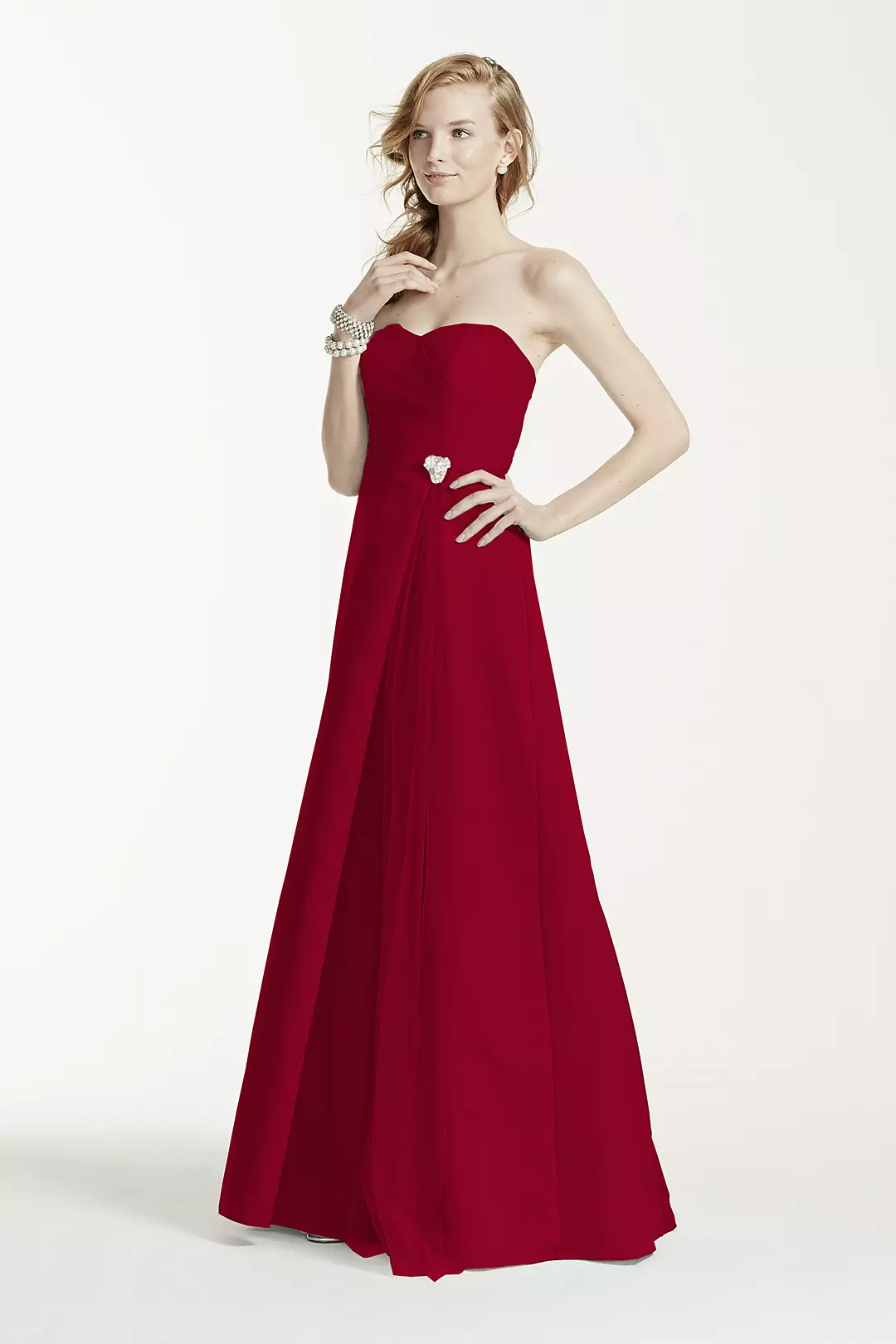 Strapless Satin Long Dress with Side Brooch - Image 26