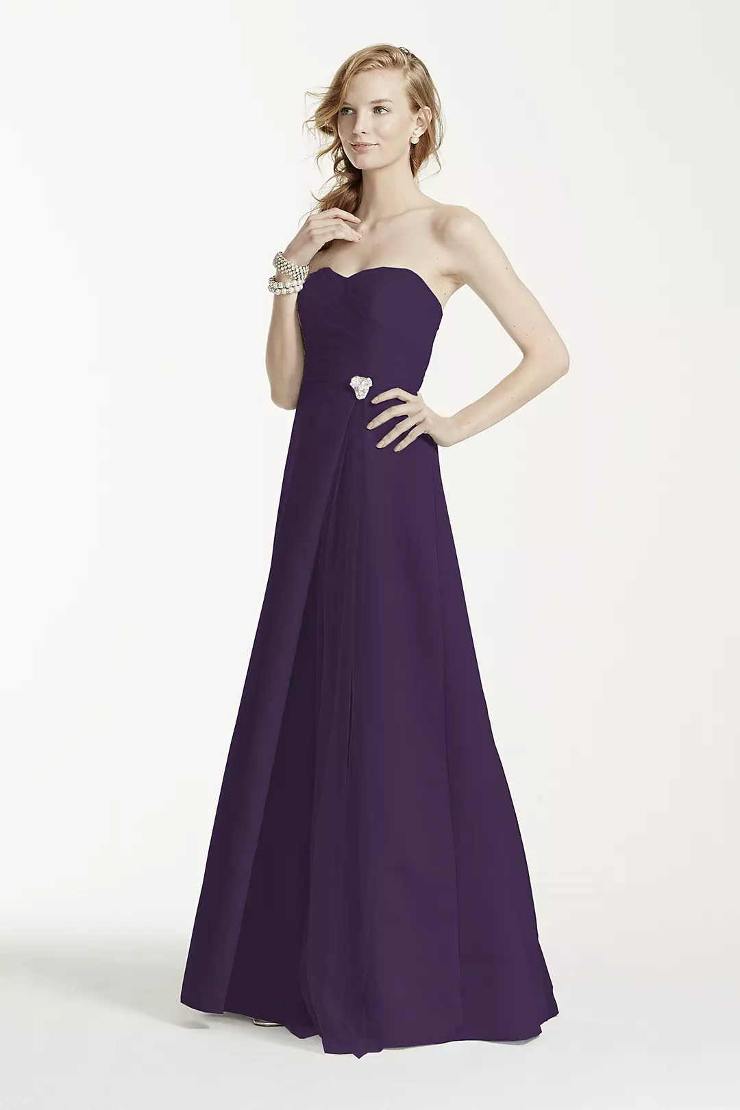 Strapless Satin Long Dress with Side Brooch - Image 8