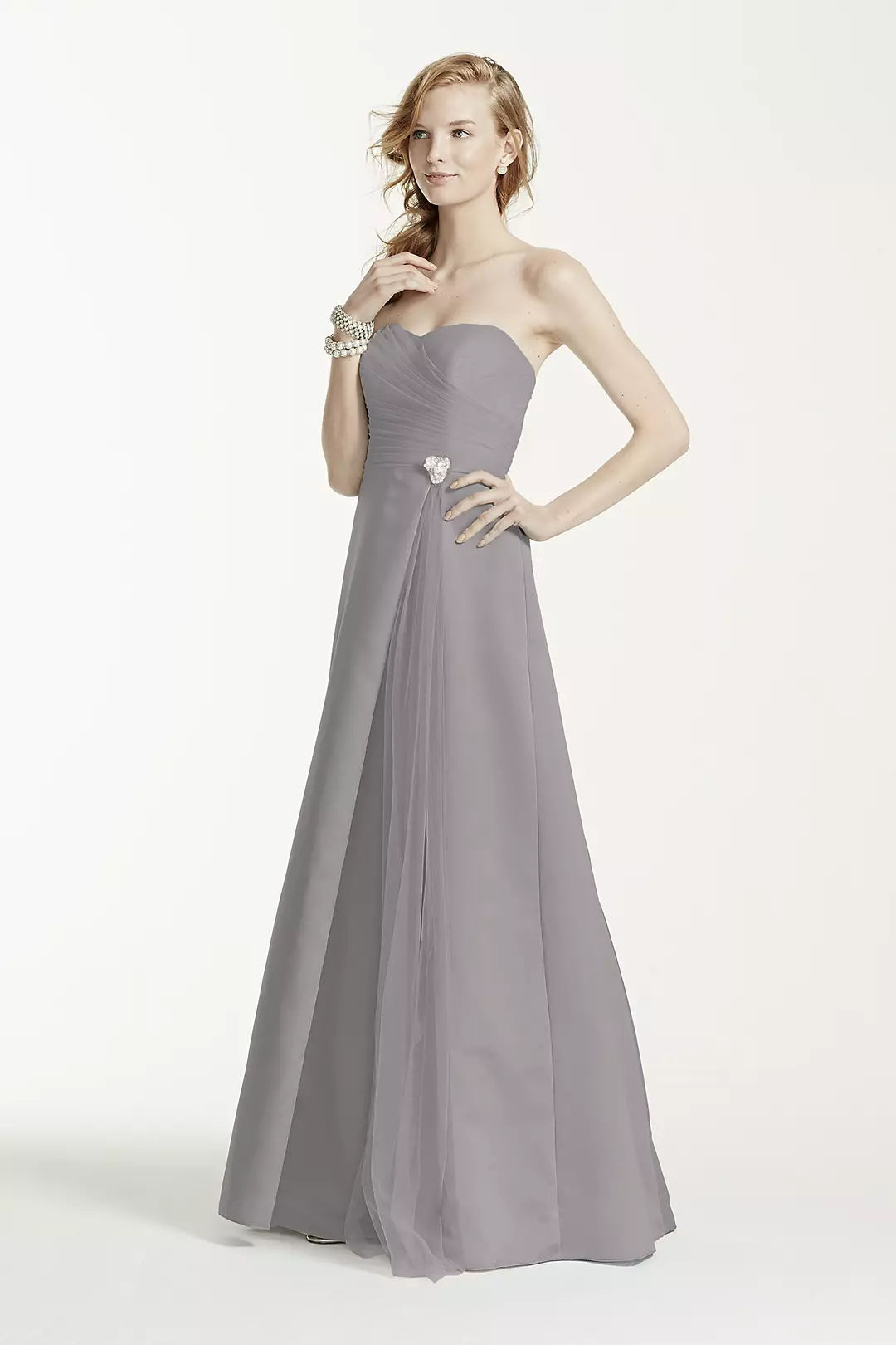 Strapless Satin Long Dress with Side Brooch - Image 9
