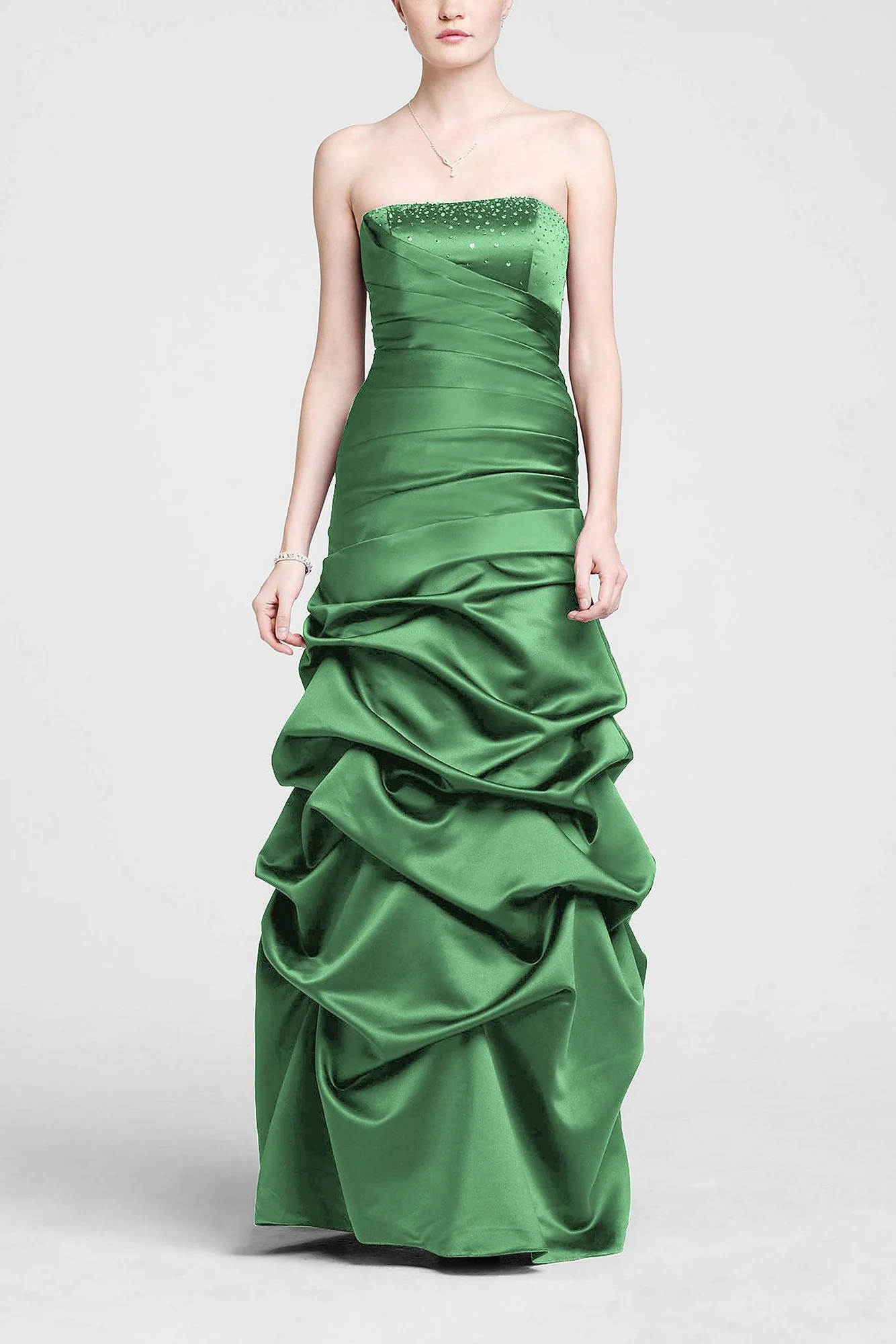Strapless Satin Pick Up Ball Gown with Beaded Bust