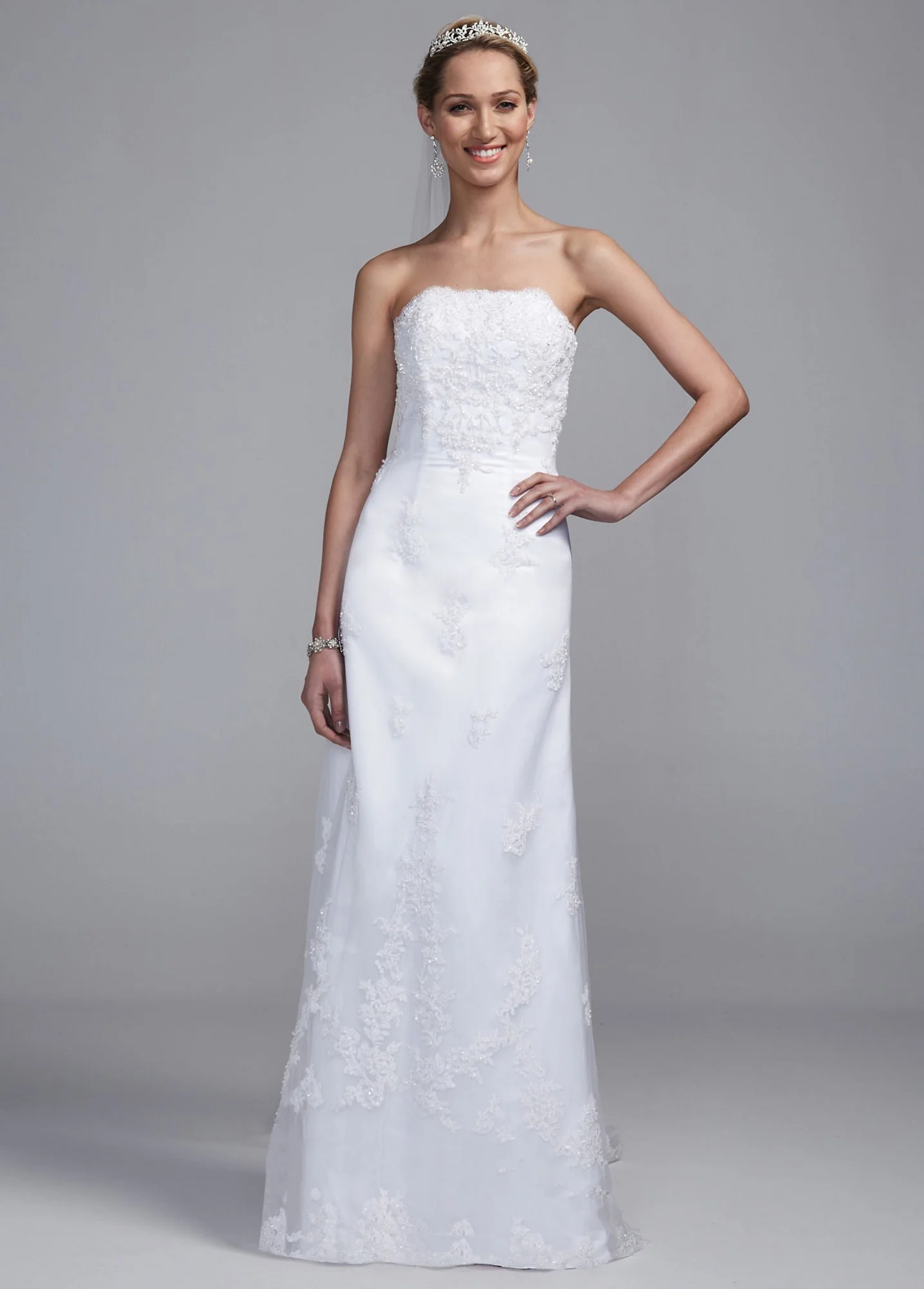 Strapless Satin Sheath Gown with Lace Appliques - Image 2