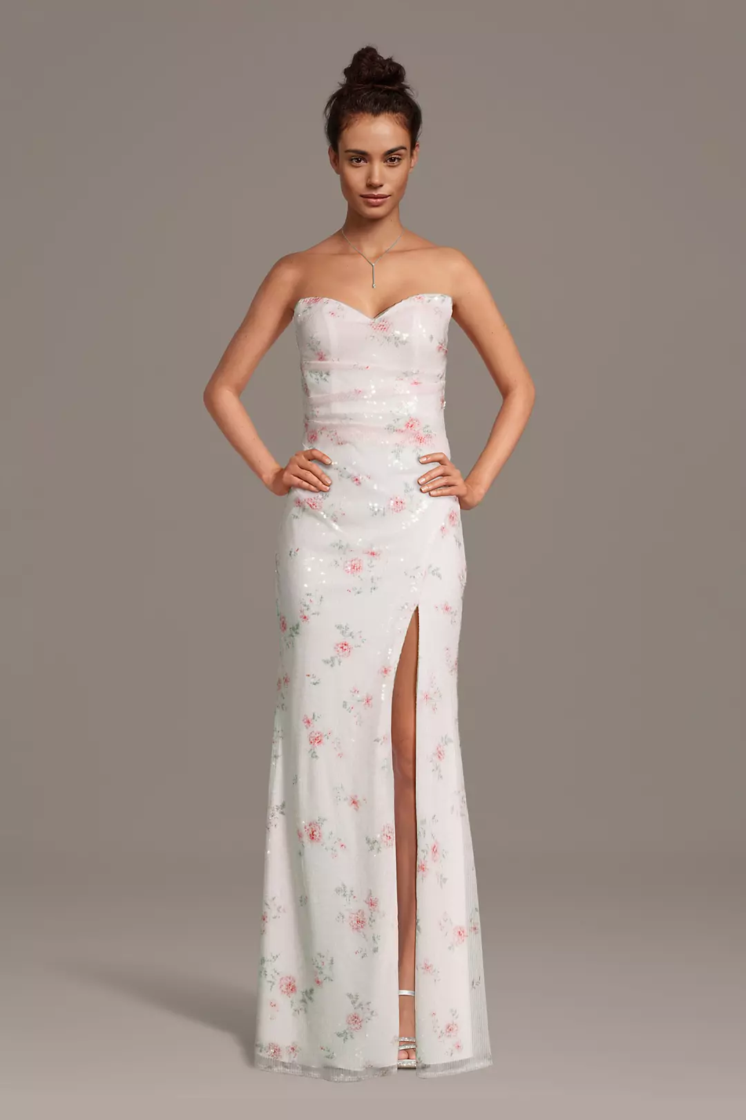 Strapless Sequin Floral Print Sheath Dress - Image 2