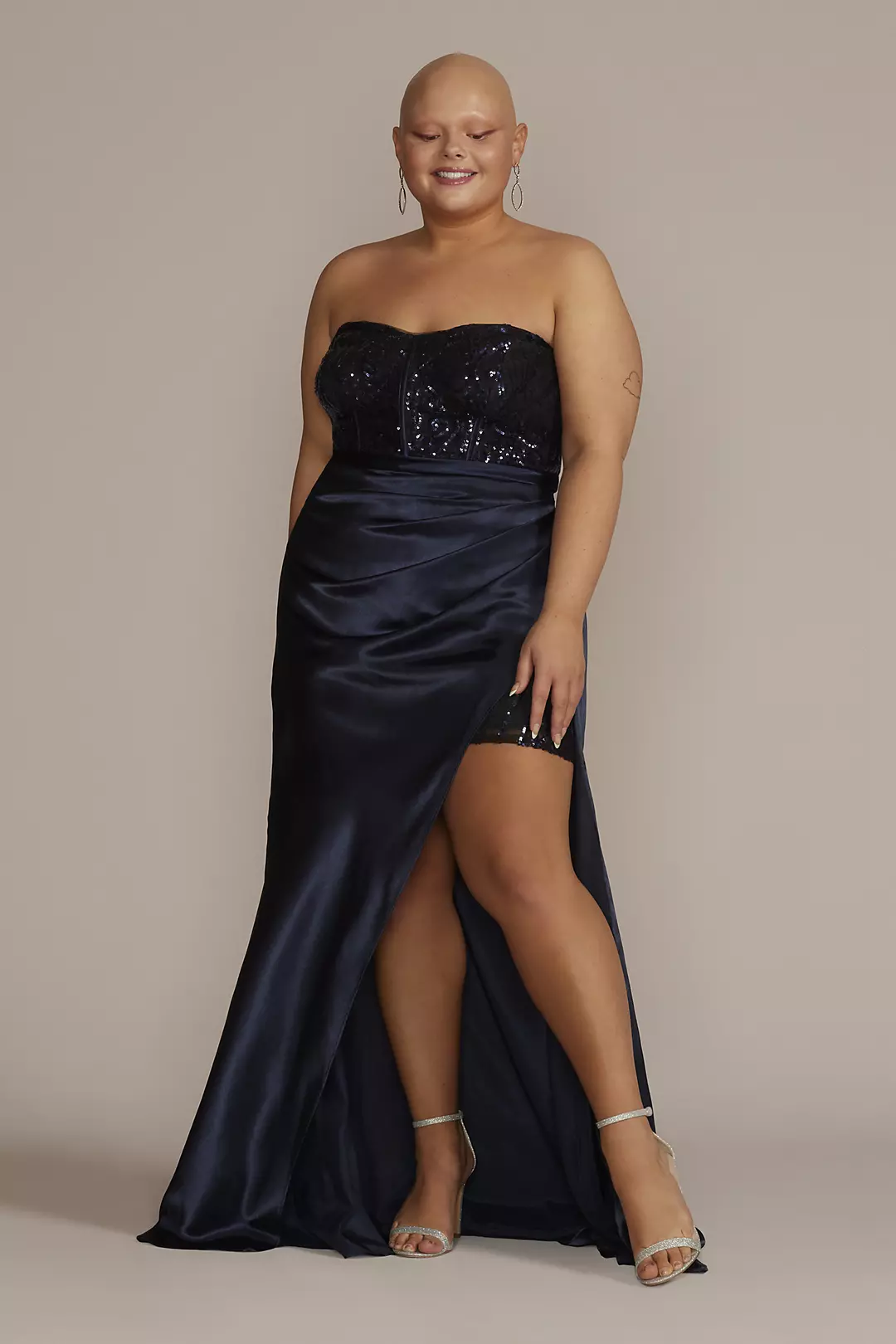 Strapless Sequin Mini Dress with Satin Wrap Skirt - Image 2
