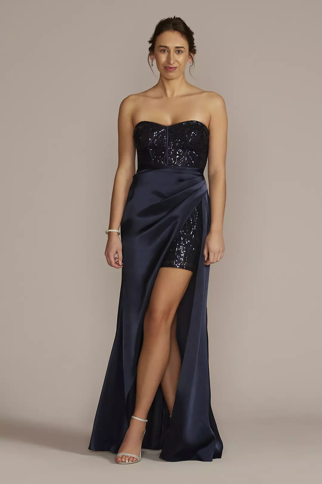 Strapless Sequin Mini Dress with Satin Wrap Skirt - Image 7