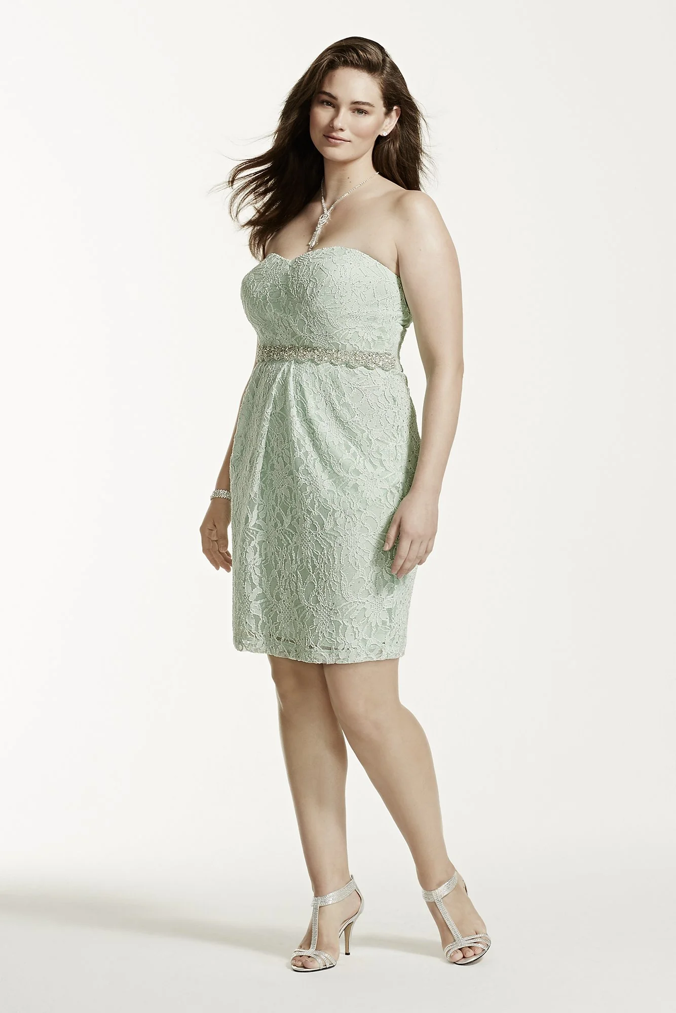 Strapless Sequin Waist Short Lace Dress - Image 5