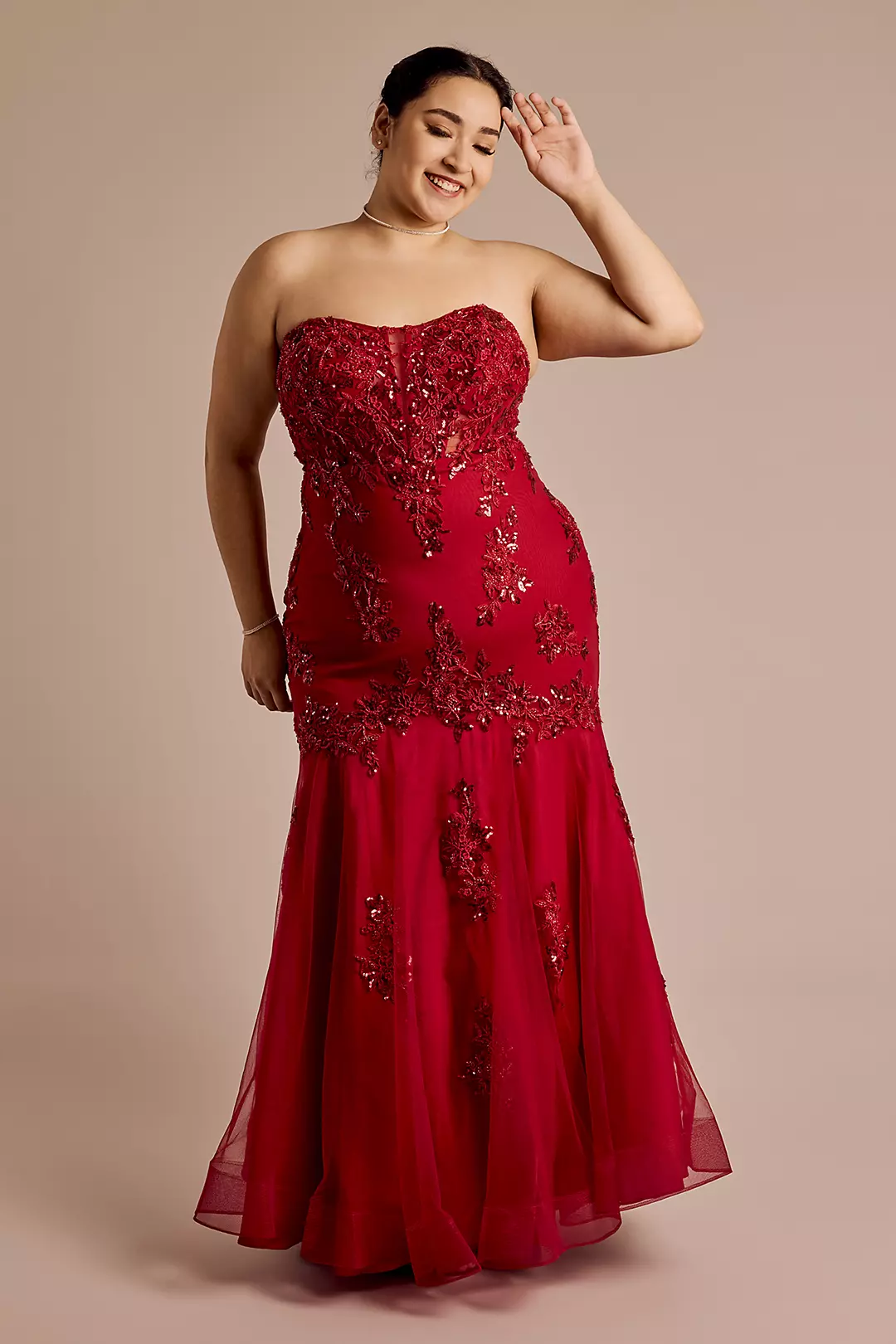 Strapless Tulle Lace Applique Mermaid Dress - Image 2