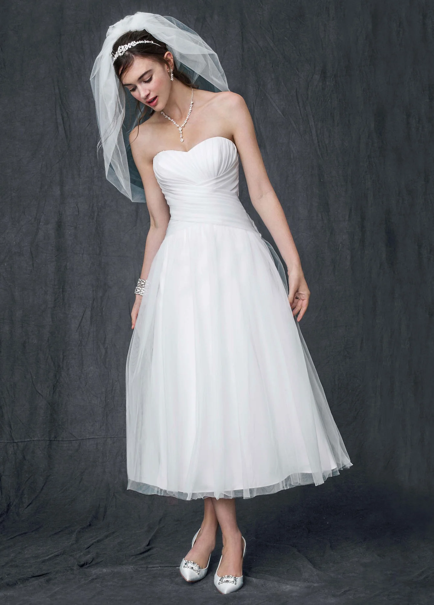 Strapless Tulle Tea Length Wedding Gown