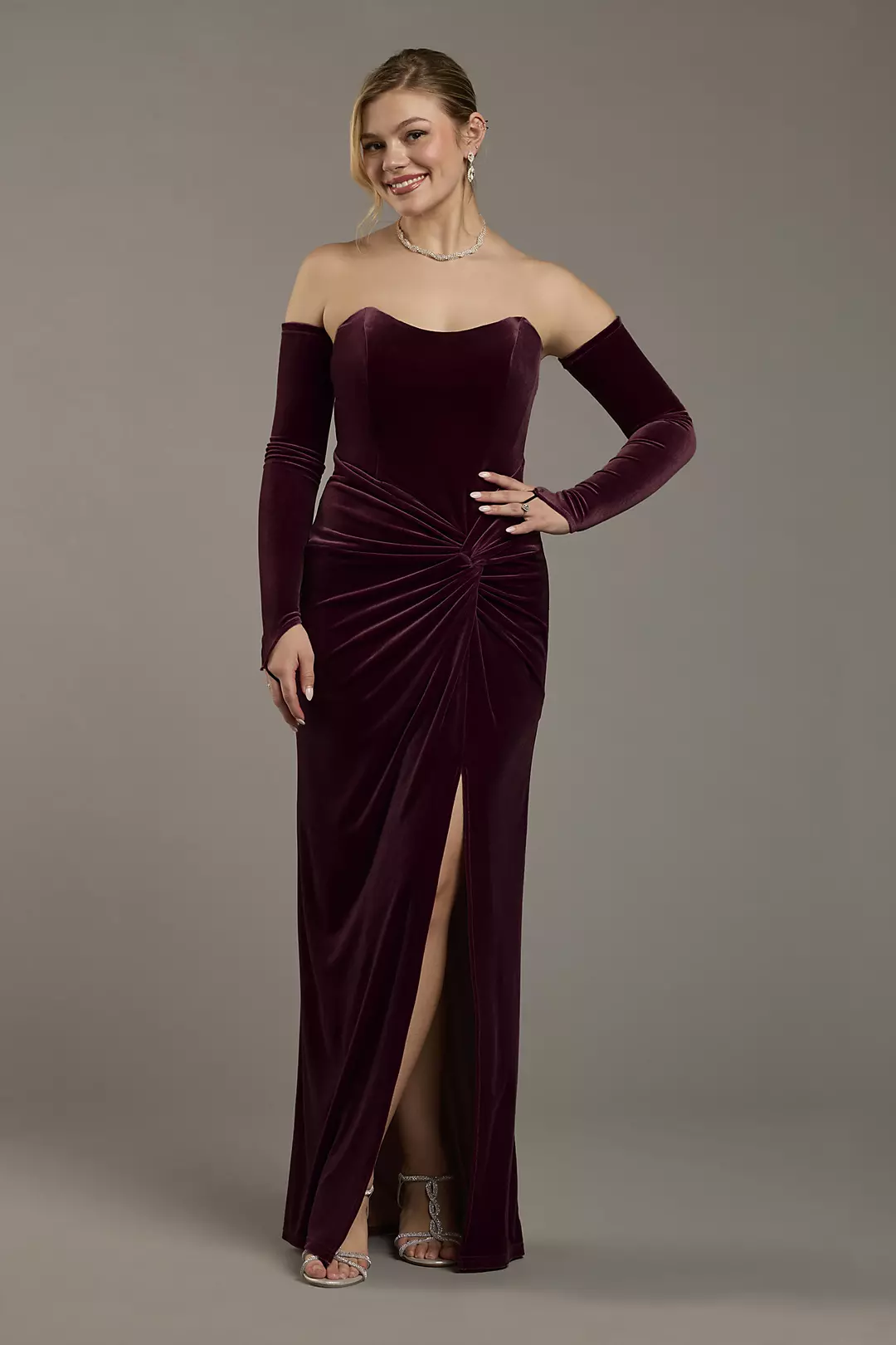Strapless Velvet Sheath Dress with Matching Gloves - Image 17