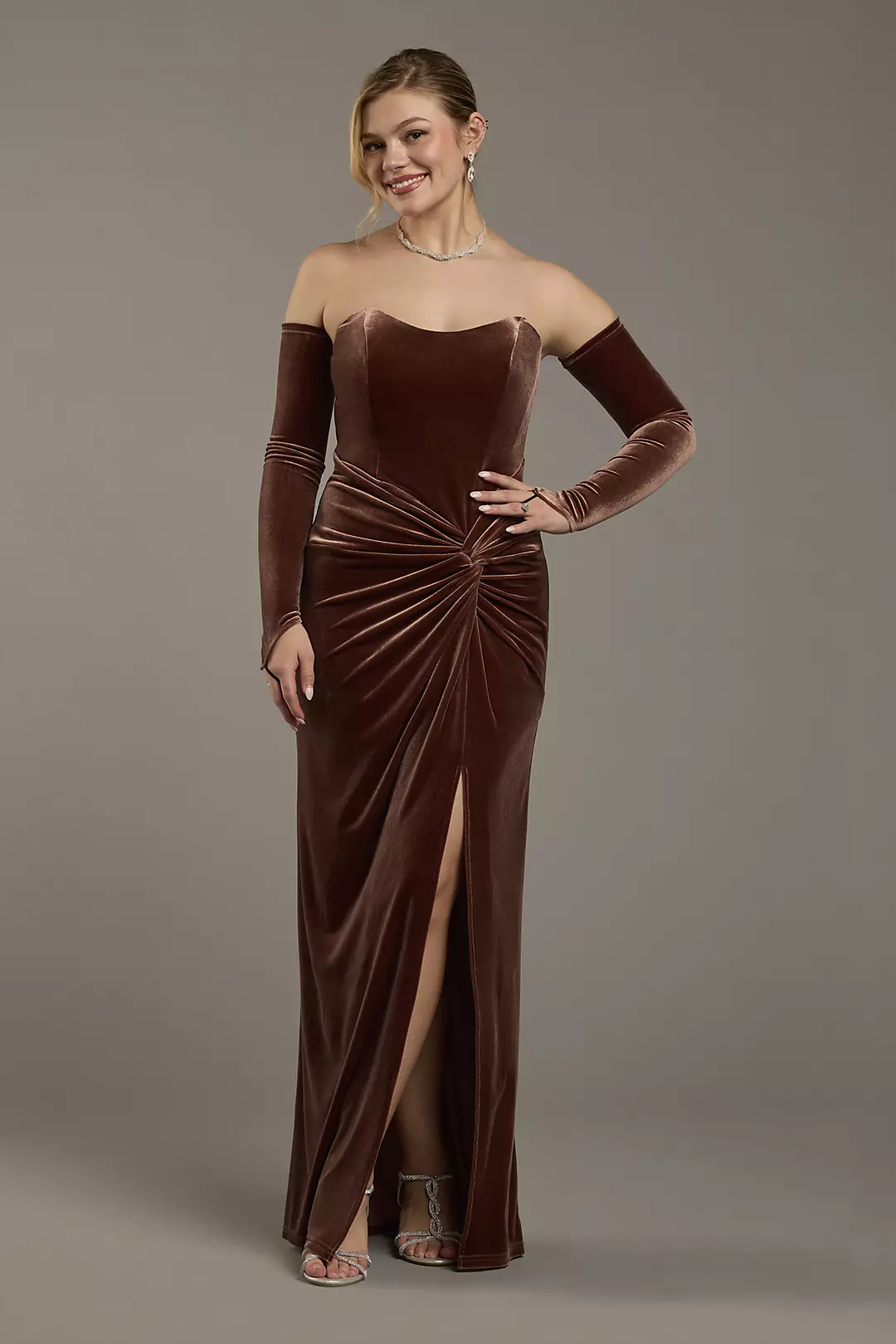 Strapless Velvet Sheath Dress with Matching Gloves - Image 8