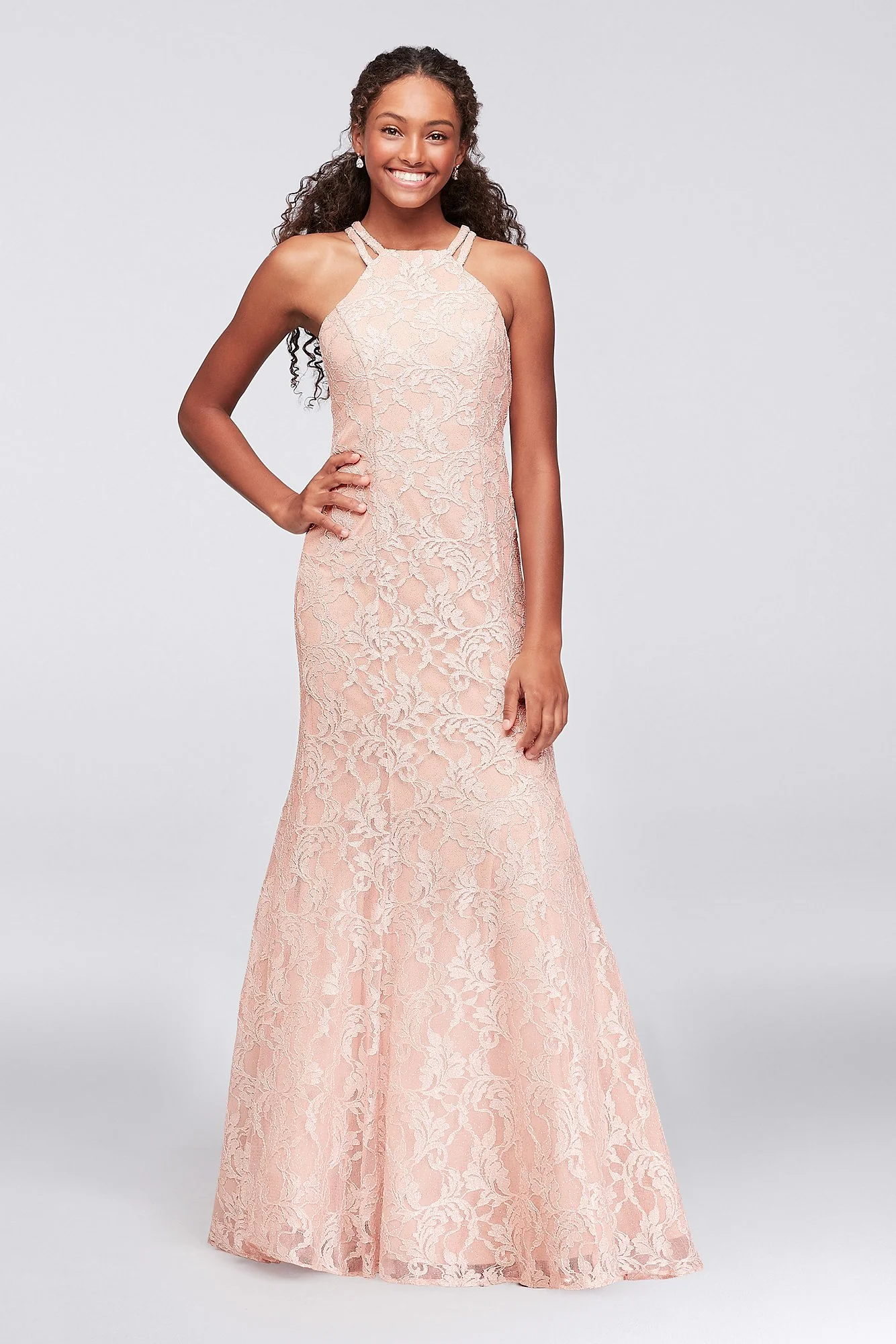 Strappy Back High-Neck Glitter Lace Mermaid Gown - Image 2