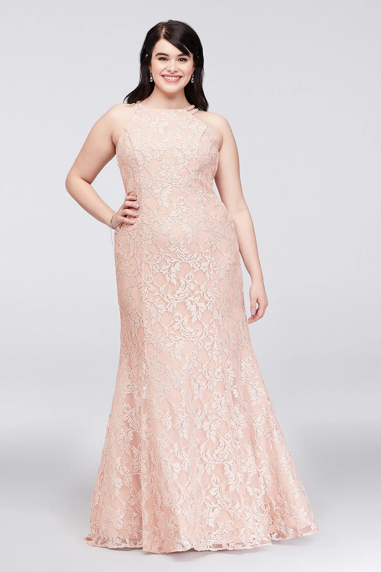 Strappy Back High-Neck Glitter Lace Mermaid Gown - Image 3