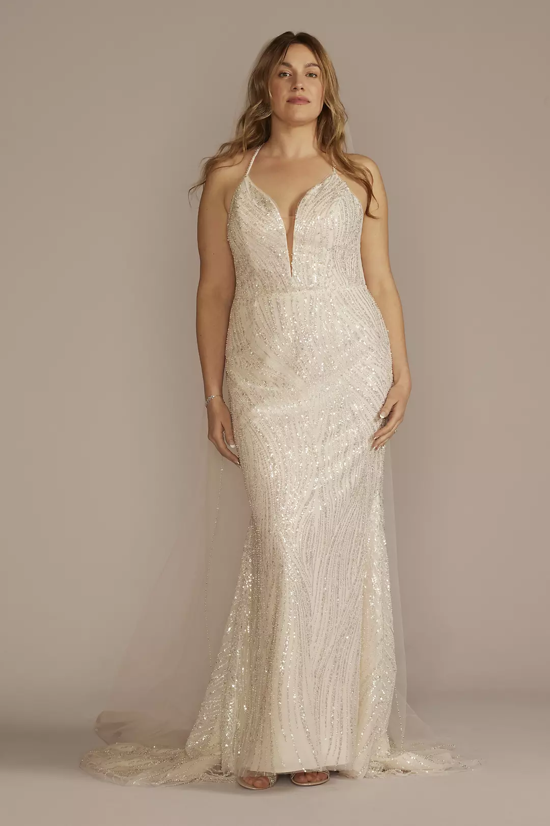 Strappy Back V-Neck Beaded Sheath Wedding Dress - Image 10