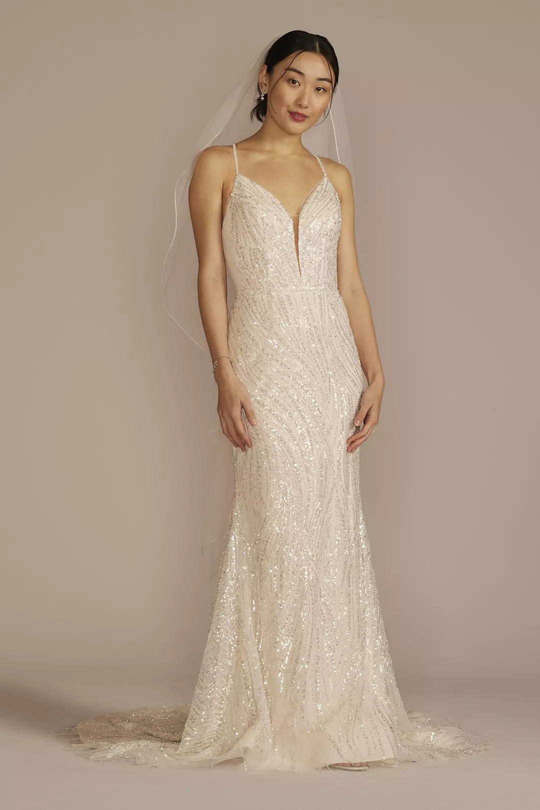 Strappy Back V-Neck Beaded Sheath Wedding Dress - Image 16