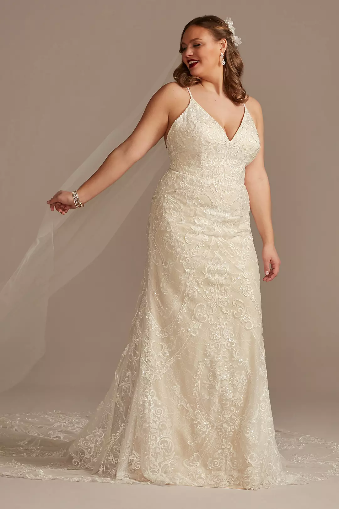 Strappy Beaded Applique Tulle Sheath Wedding Dress - Image 15
