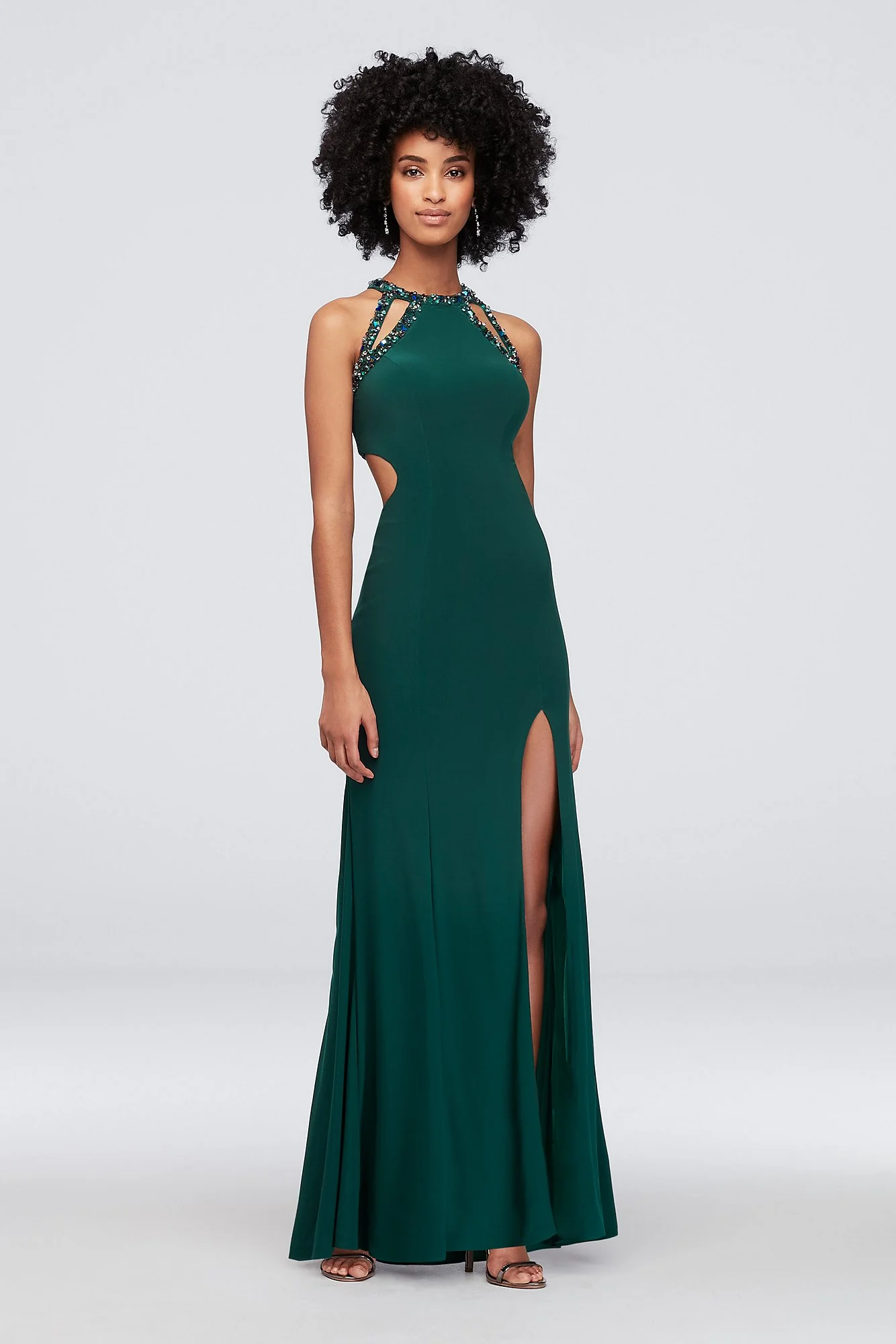 Strappy Cutout Mesh Sheath Dress with Crystals