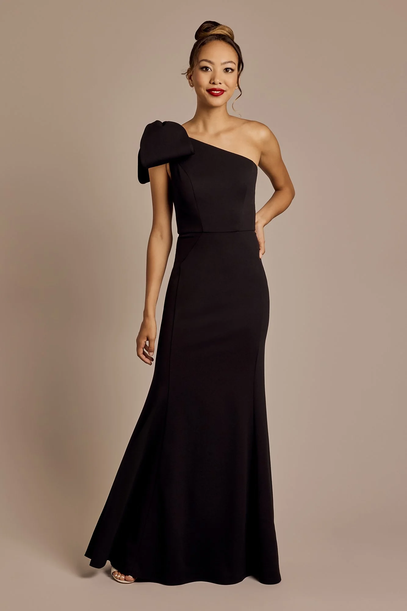 Stretch Crepe Asymmetrical Gown with Shoulder Bow