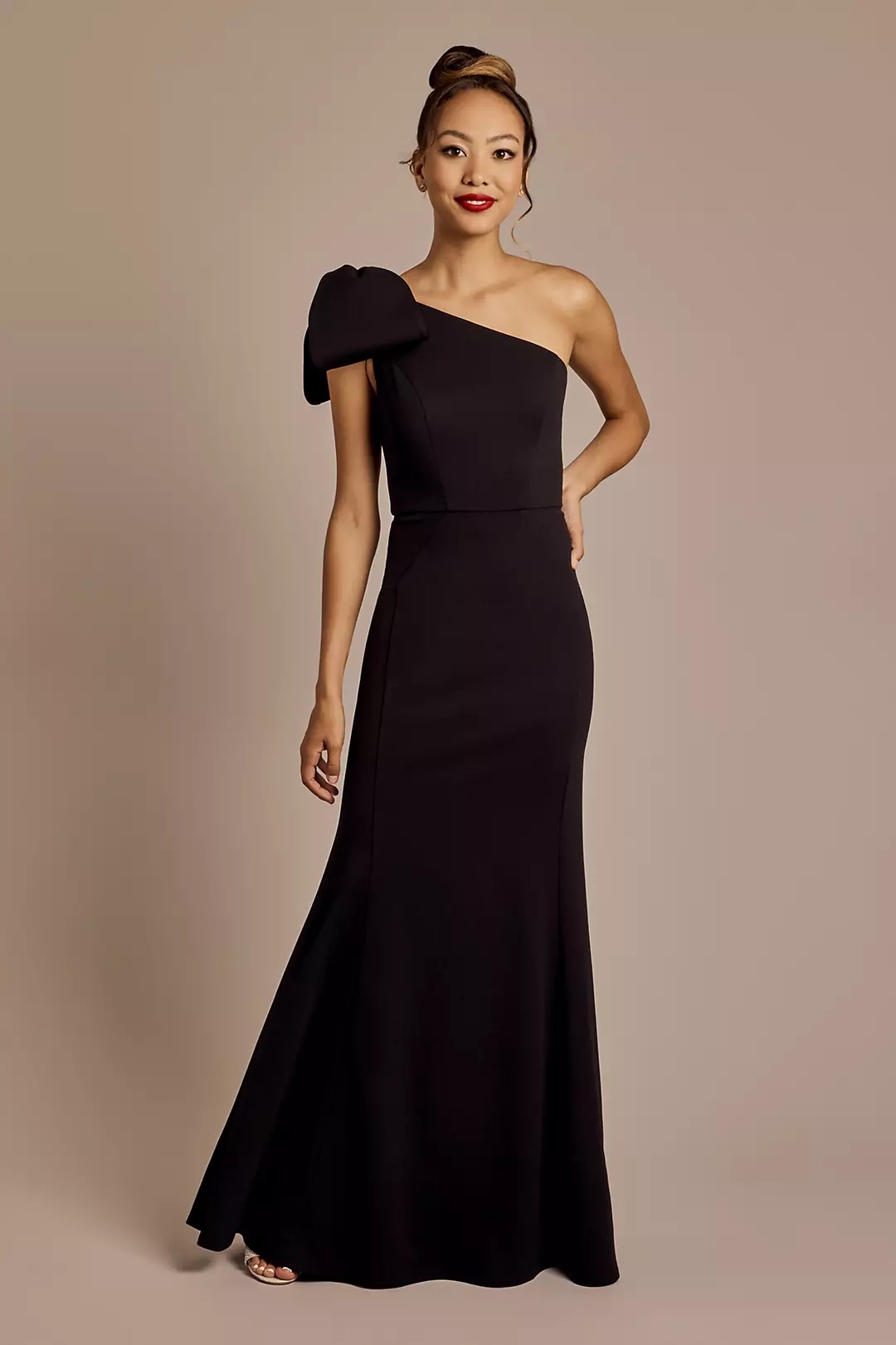 Stretch Crepe Asymmetrical Gown with Shoulder Bow - Image 20