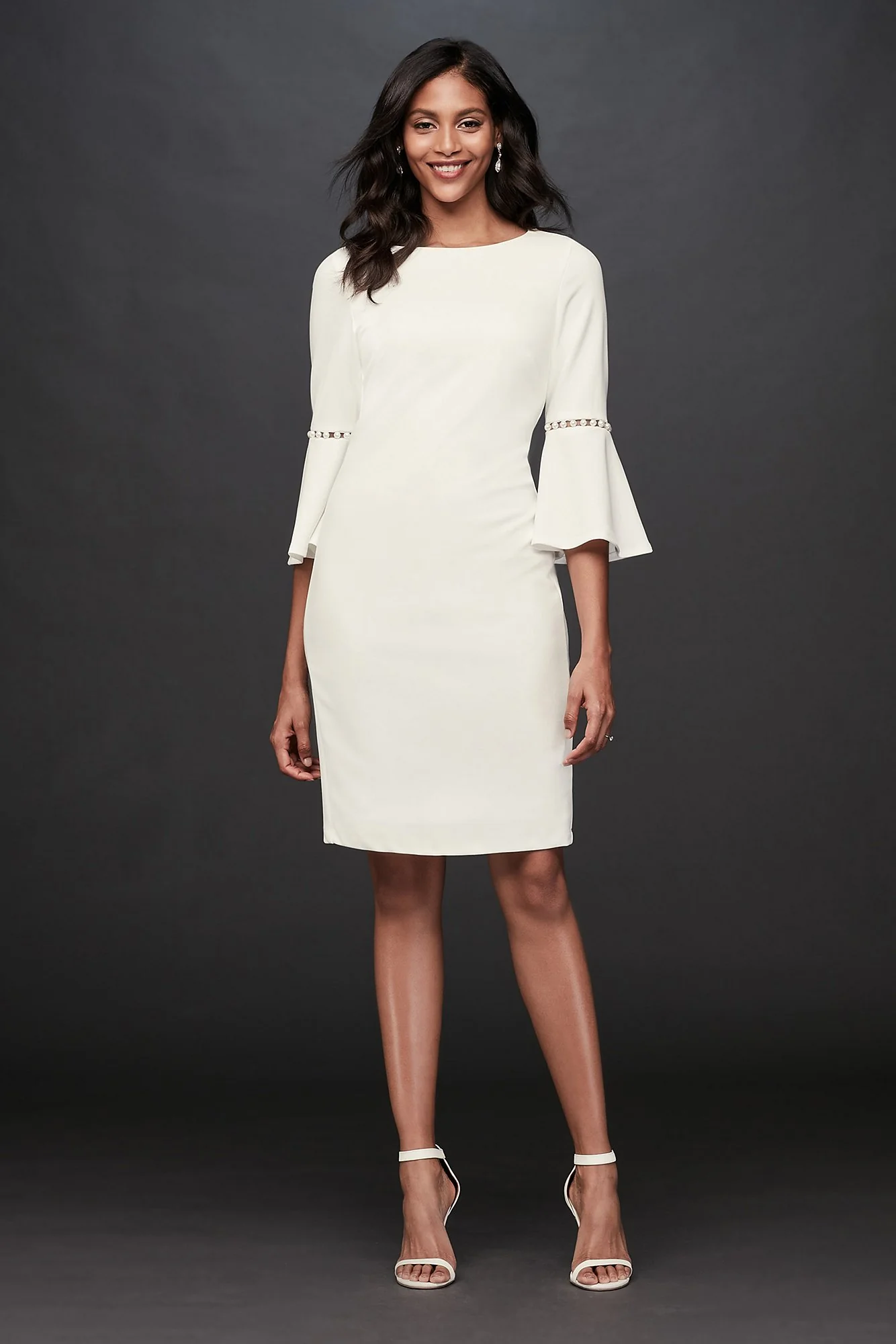 Stretch Crepe Bell-Sleeve Dress with Pearl Detail