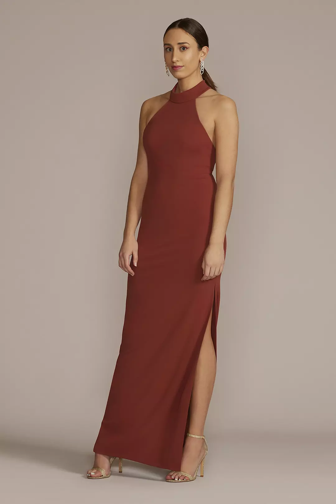 Stretch Crepe Halter Sheath Dress with Side Slit - Image 10