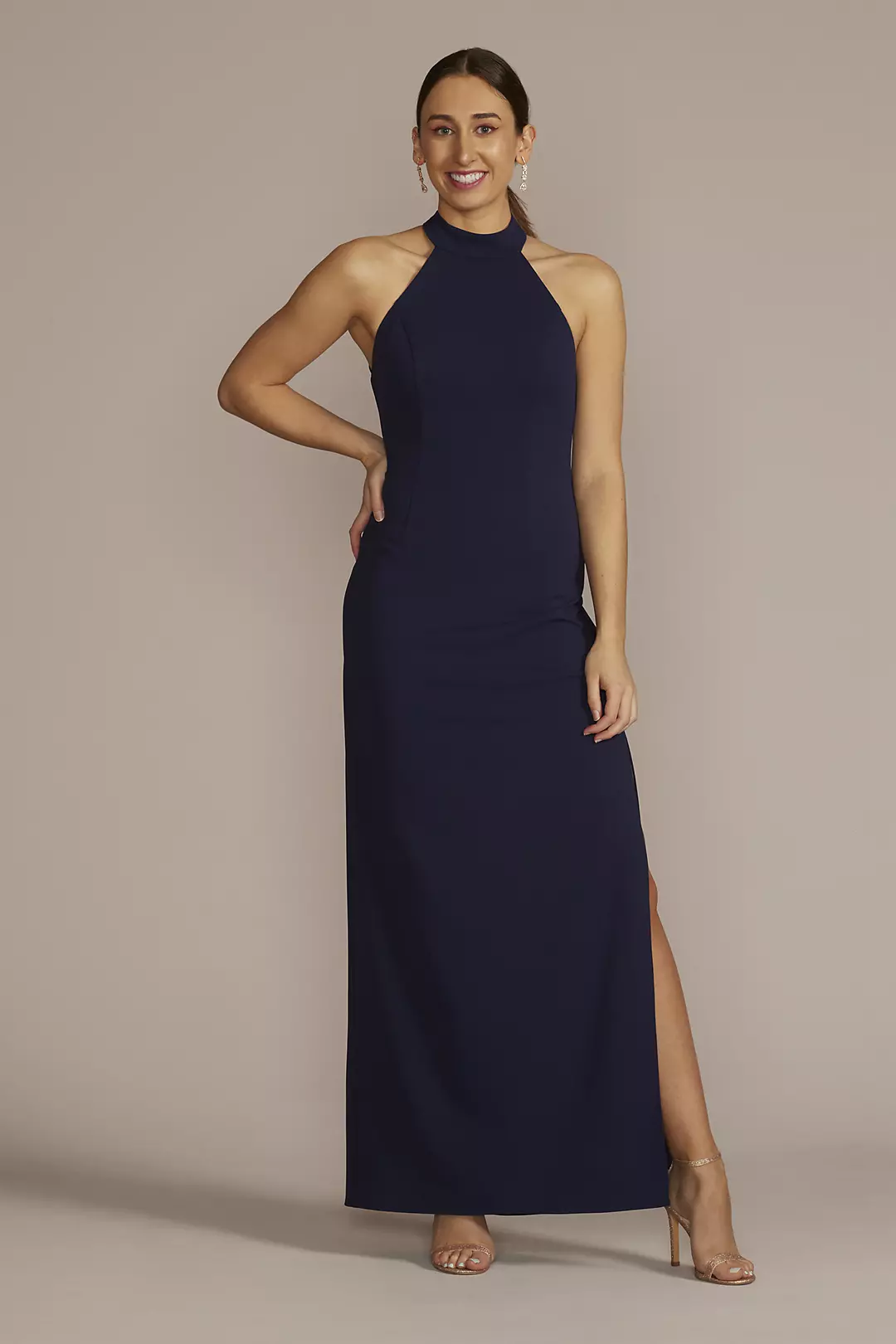 Stretch Crepe Halter Sheath Dress with Side Slit - Image 8