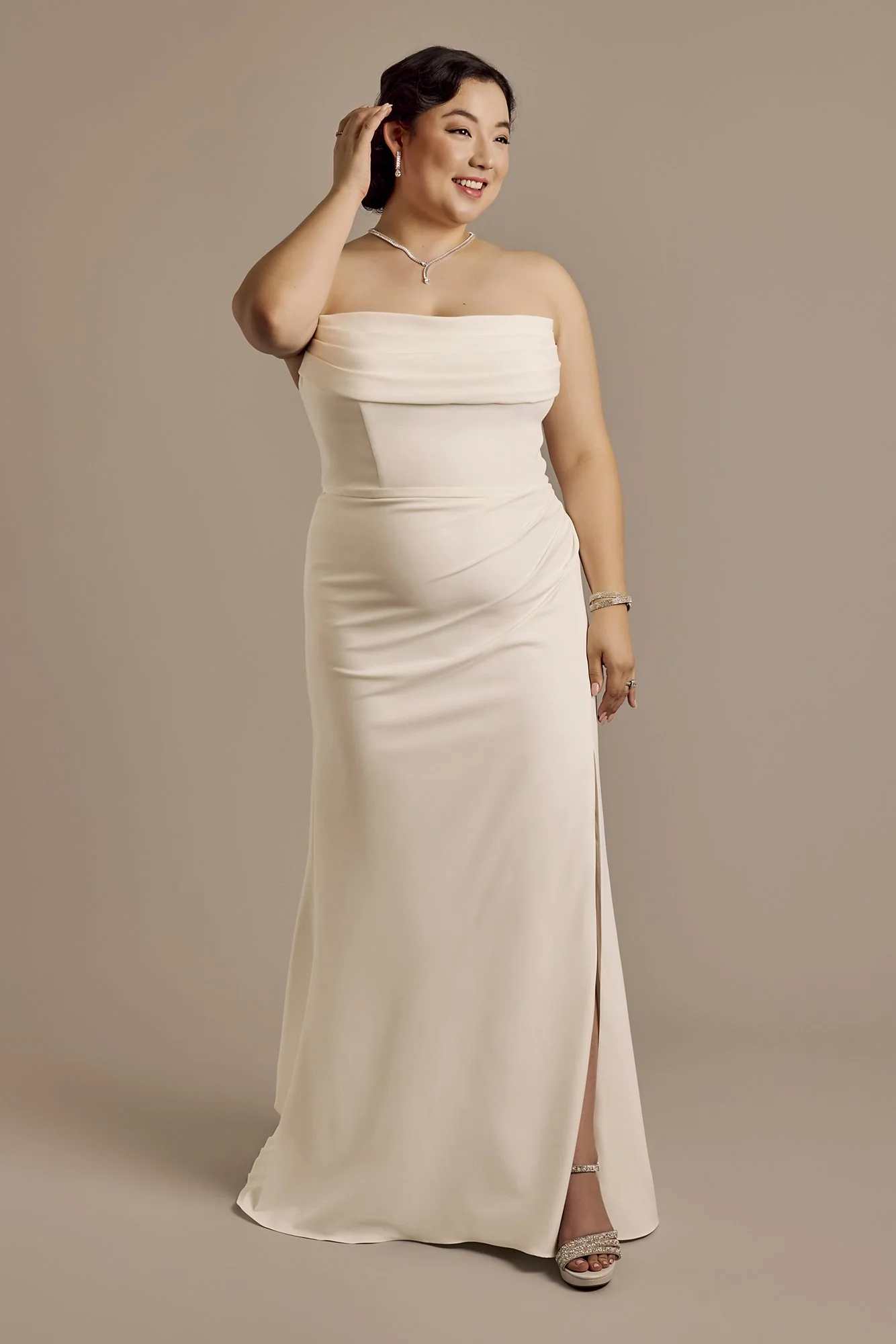 Stretch Crepe Sculpted Cowl Sheath Wedding Dress - Image 3