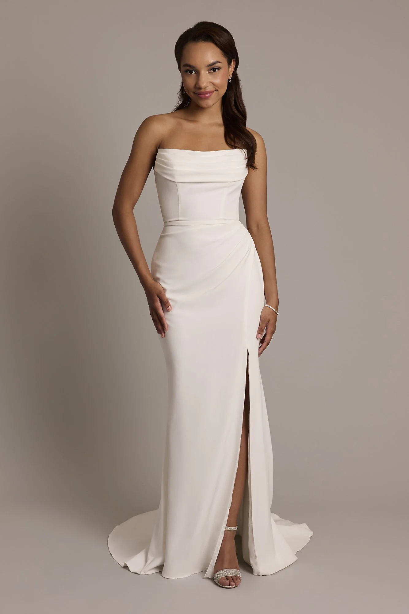 Stretch Crepe Sculpted Cowl Sheath Wedding Dress - Image 4