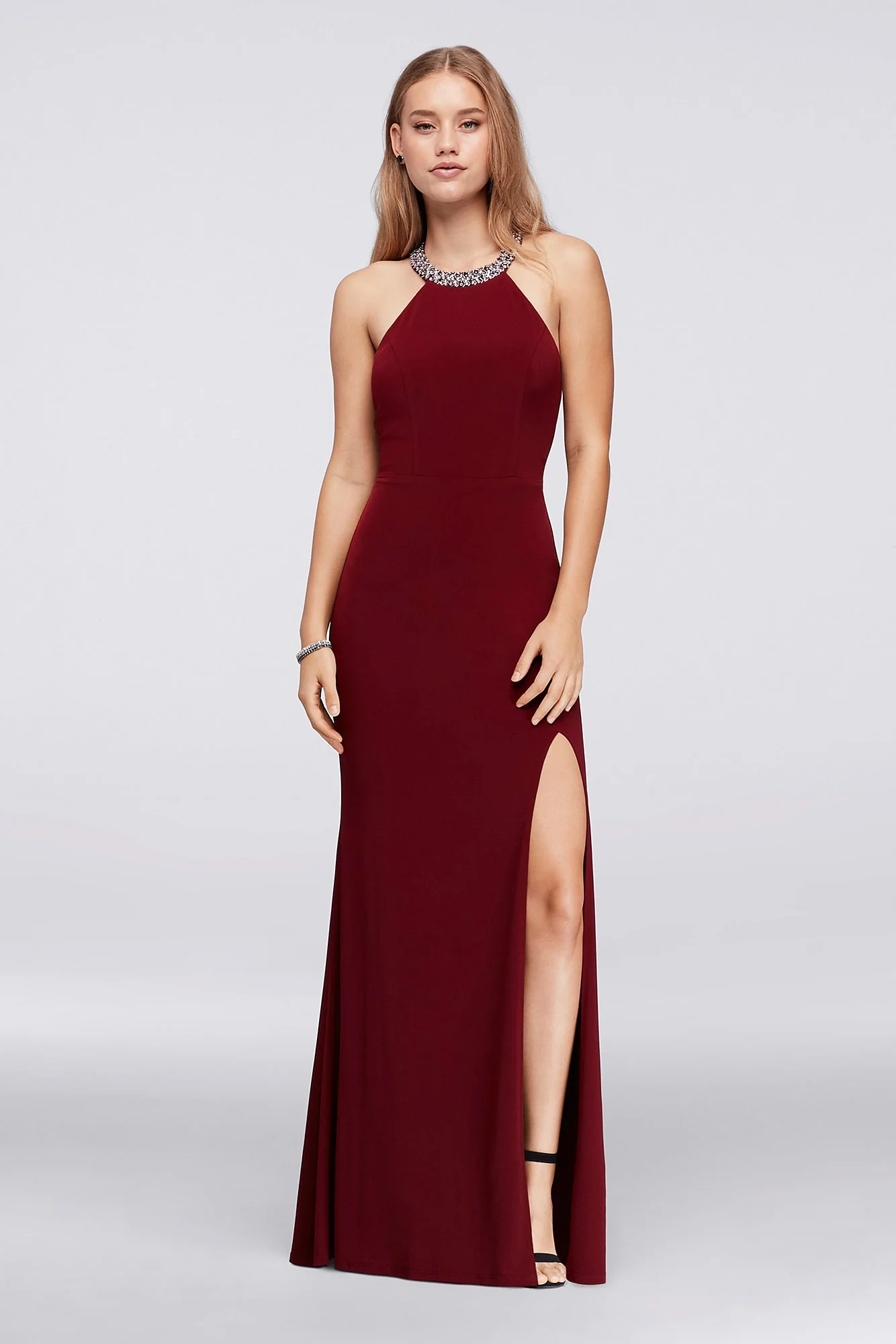 Stretch Halter Jersey Dress Beaded Neckline