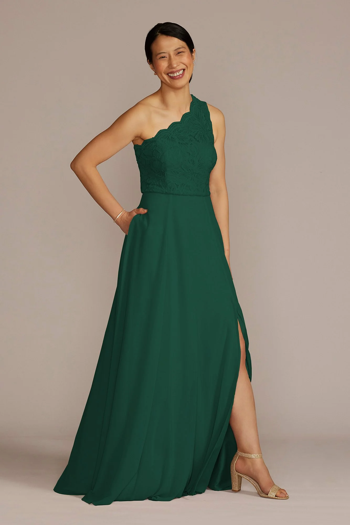 Stretch Lace Chiffon One-Shoulder Bridesmaid Dress - Image 2