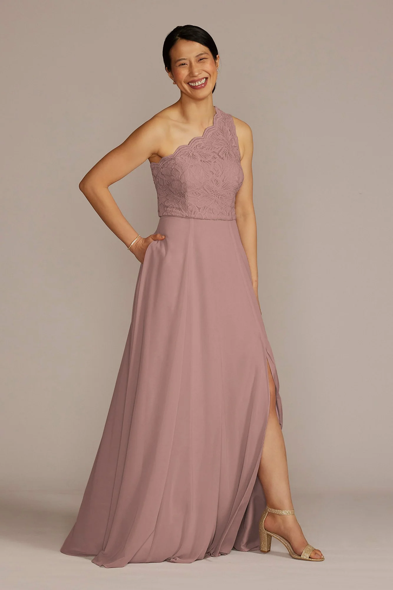 Stretch Lace Chiffon One-Shoulder Bridesmaid Dress - Image 24