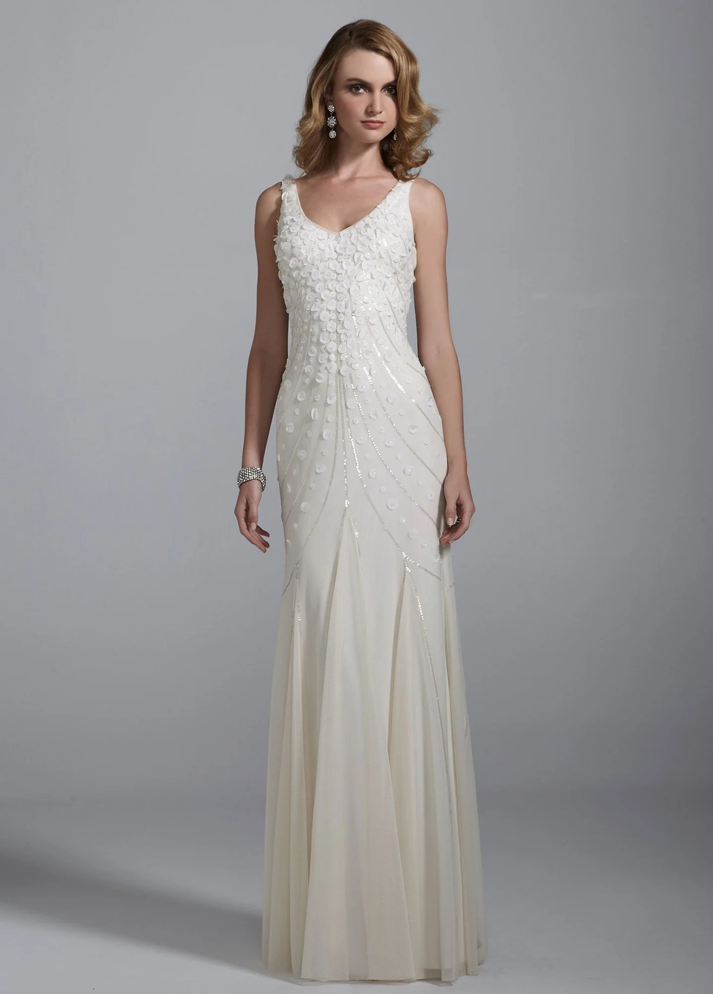 Stretch Mesh V Neck Gown with Sequin Detail