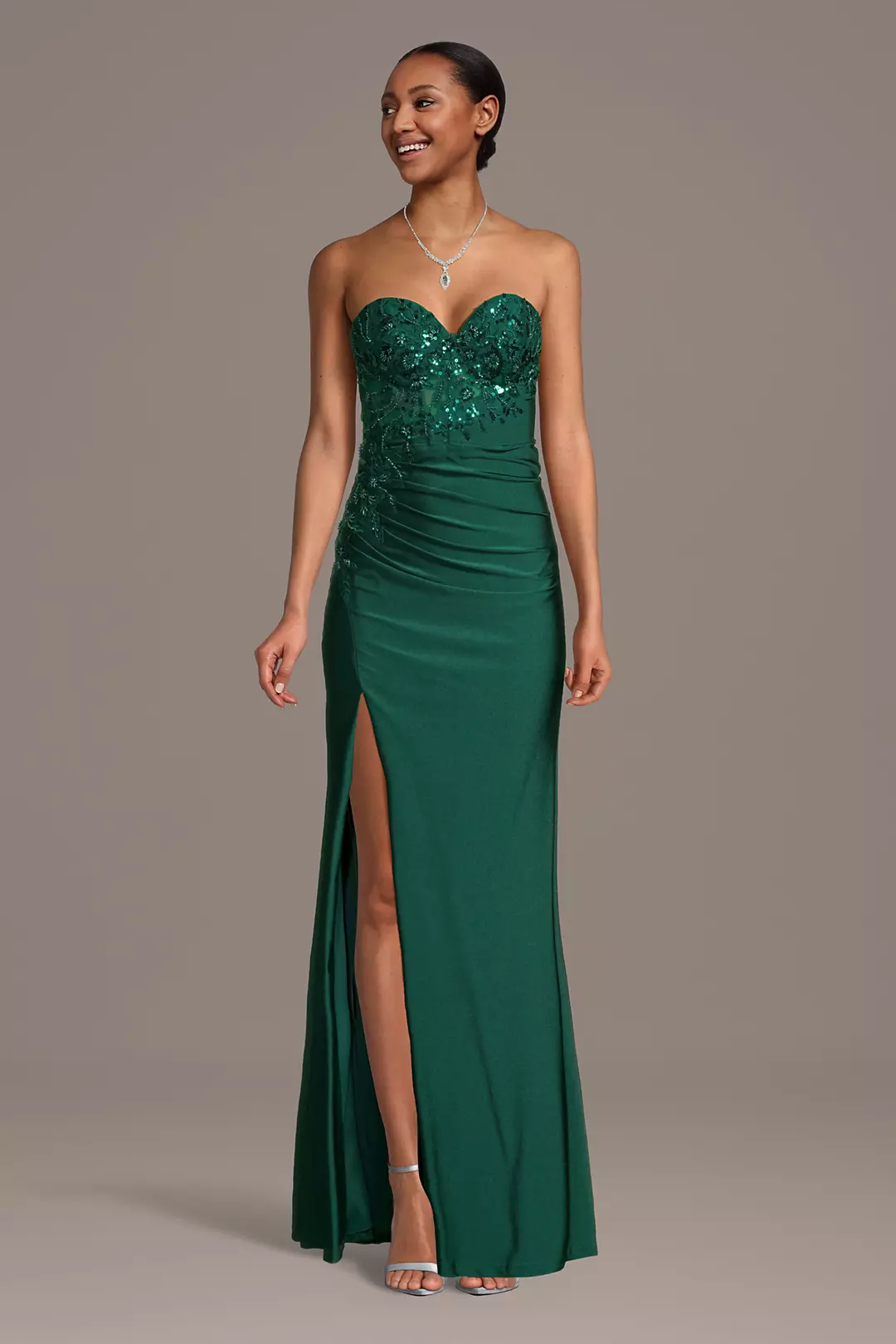 Stretch Satin Appliqued Sweetheart Sheath Dress - Image 4