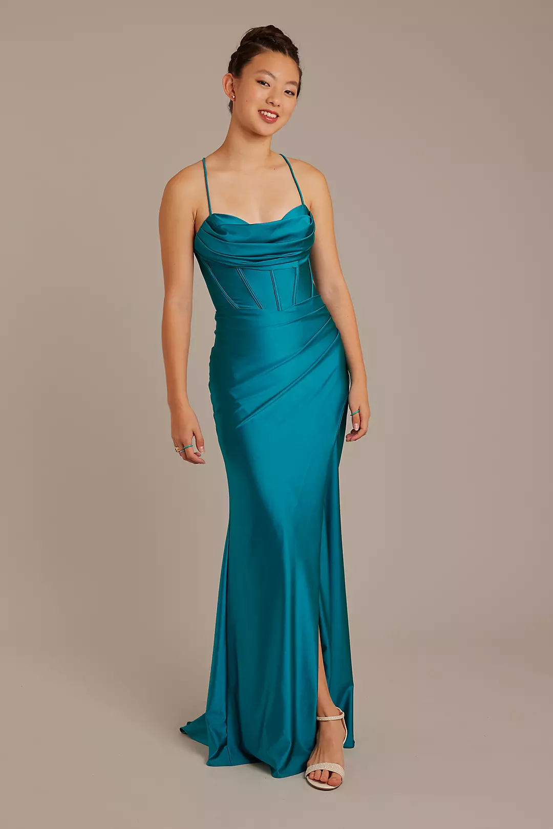Stretch Satin Cowl Corset Sheath Dress - Image 2