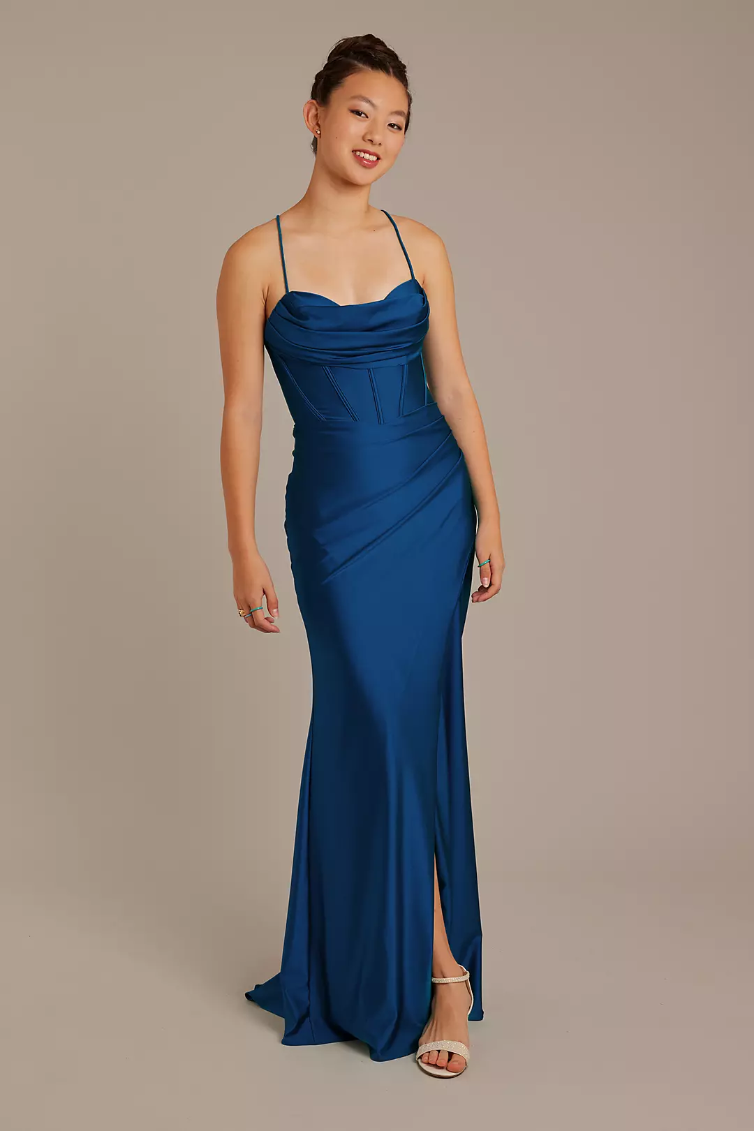 Stretch Satin Cowl Corset Sheath Dress - Image 3