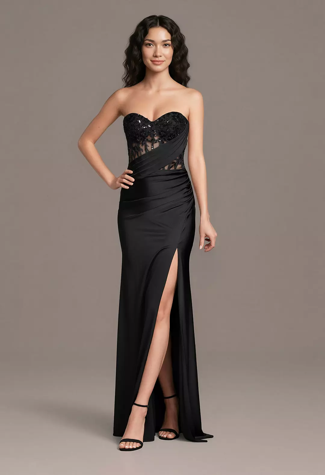 Stretch Satin Draped Sheath Dress with Sequins - Image 4
