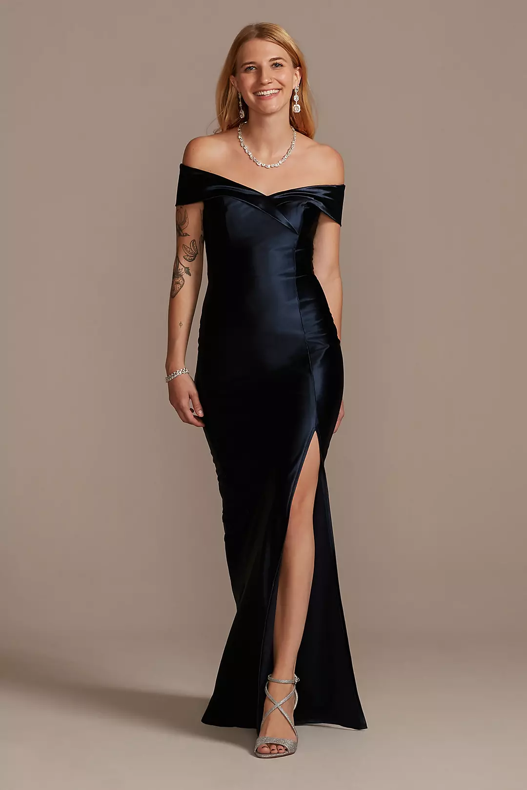 Stretch Satin Off the Shoulder Dress with Slit - Image 8